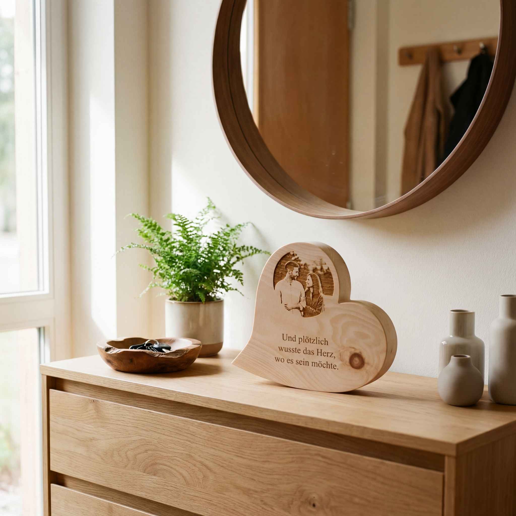 Zirbenprodukt Handgemachtes Zirbenherz aus nachhaltiger forstwirtschaft, graviert mit Laser, mit einem Foto von einem Liebespaar und dem Spruch: Und plötzlich wusste das herz wo es sein möchte was auf einer Kommode unter einem spiegel steht
