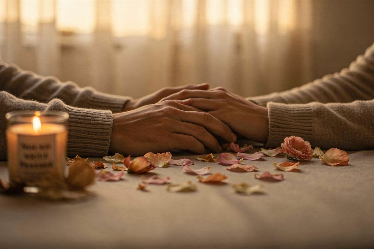 Ein Mann und eine Frau halten gegenseitig die Hände, sind verliebt, Kerzenschein am Tisch, Blumenblütten auf dem Tisch