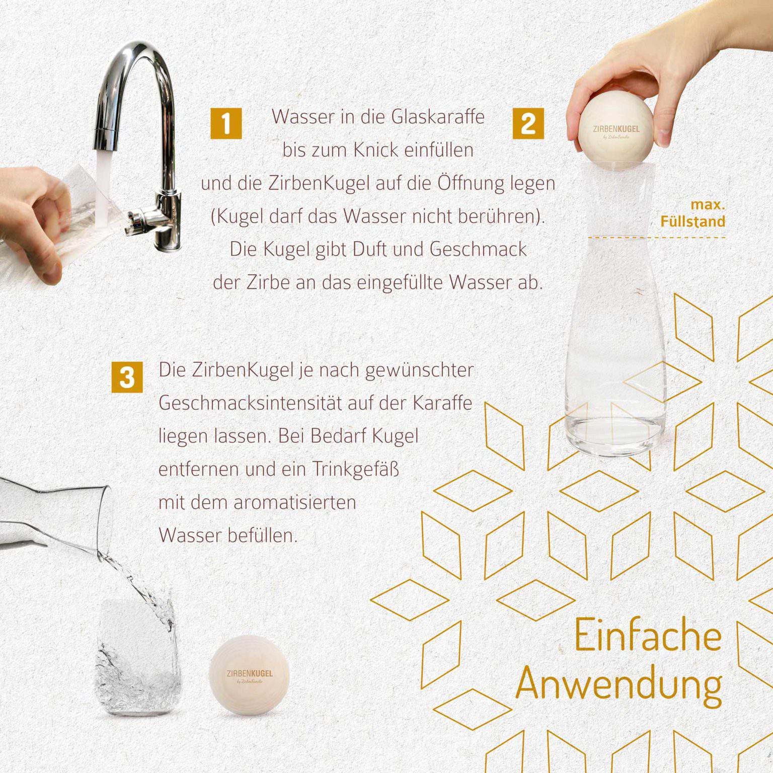 ZirbenKugel Herz Edition Anwendung und Details - natürlicher Wasserveredler aus Zirbenholz für 1L Karaffe ZirbenKugel Herz Edition Anwendung und Details - natürlicher Wasserveredler aus Zirbenholz für 1L Karaffe