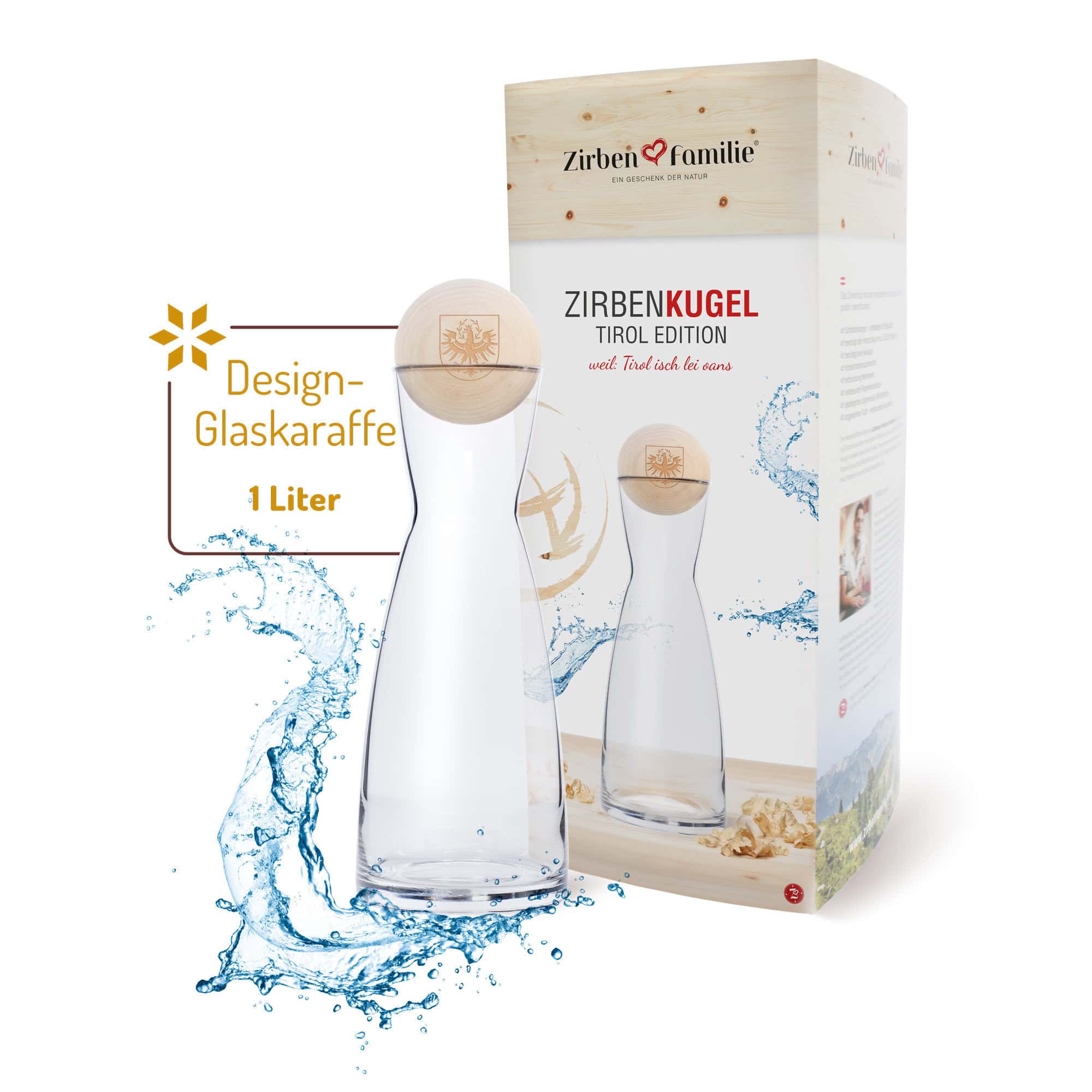 ZirbenKugel Tiroler Adler Edition mit Kisslinger Glaskaraffe, handgefertigt in Tirol aus Zirbenholz mit Tiroler Adler Gravur