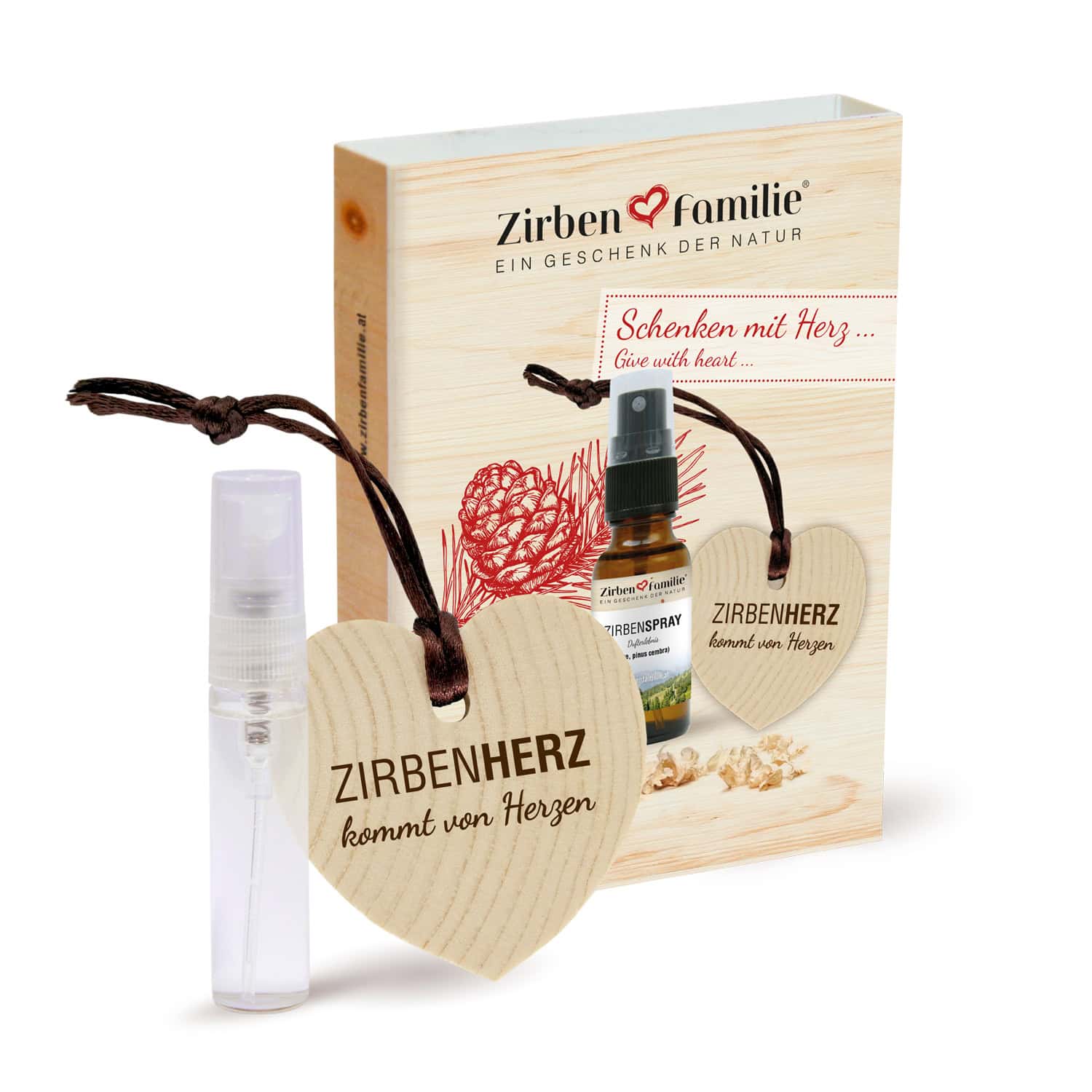 Zirben Herz Anhänger mit ZirbenSpray Set im Geschenkkarton, natürlicher Raumduft aus Zirbenholz
Zirben Herz Anhänger mit ZirbenSpray Set im Geschenkkarton, natürlicher Raumduft aus Zirbenholz