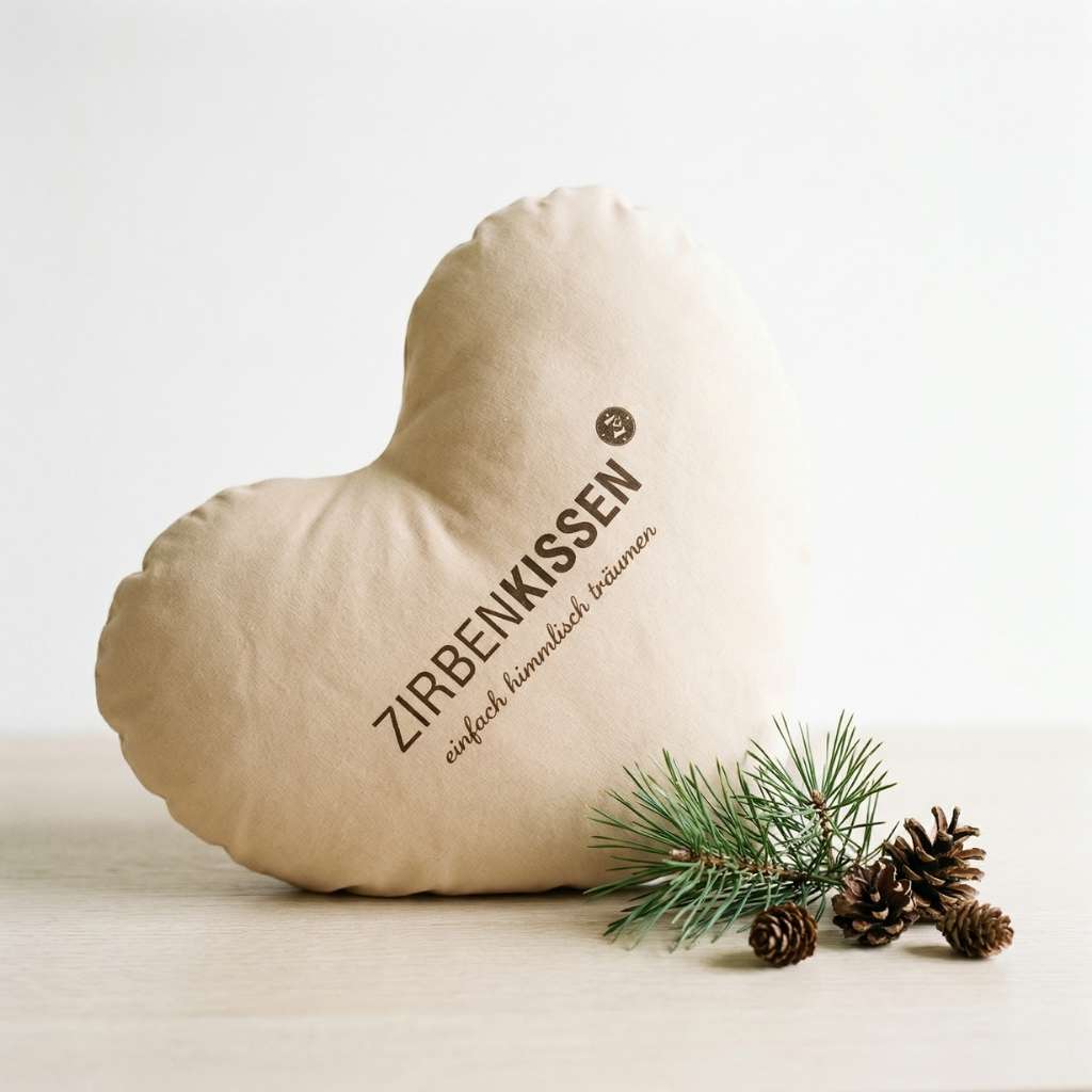 Zirben-Herzkissen beige Natur Zirbenprodukt 40x40 cm mit natürlichen Zirbenflocken – handgefertigt in Tirol mit leichter Deko aus ästen