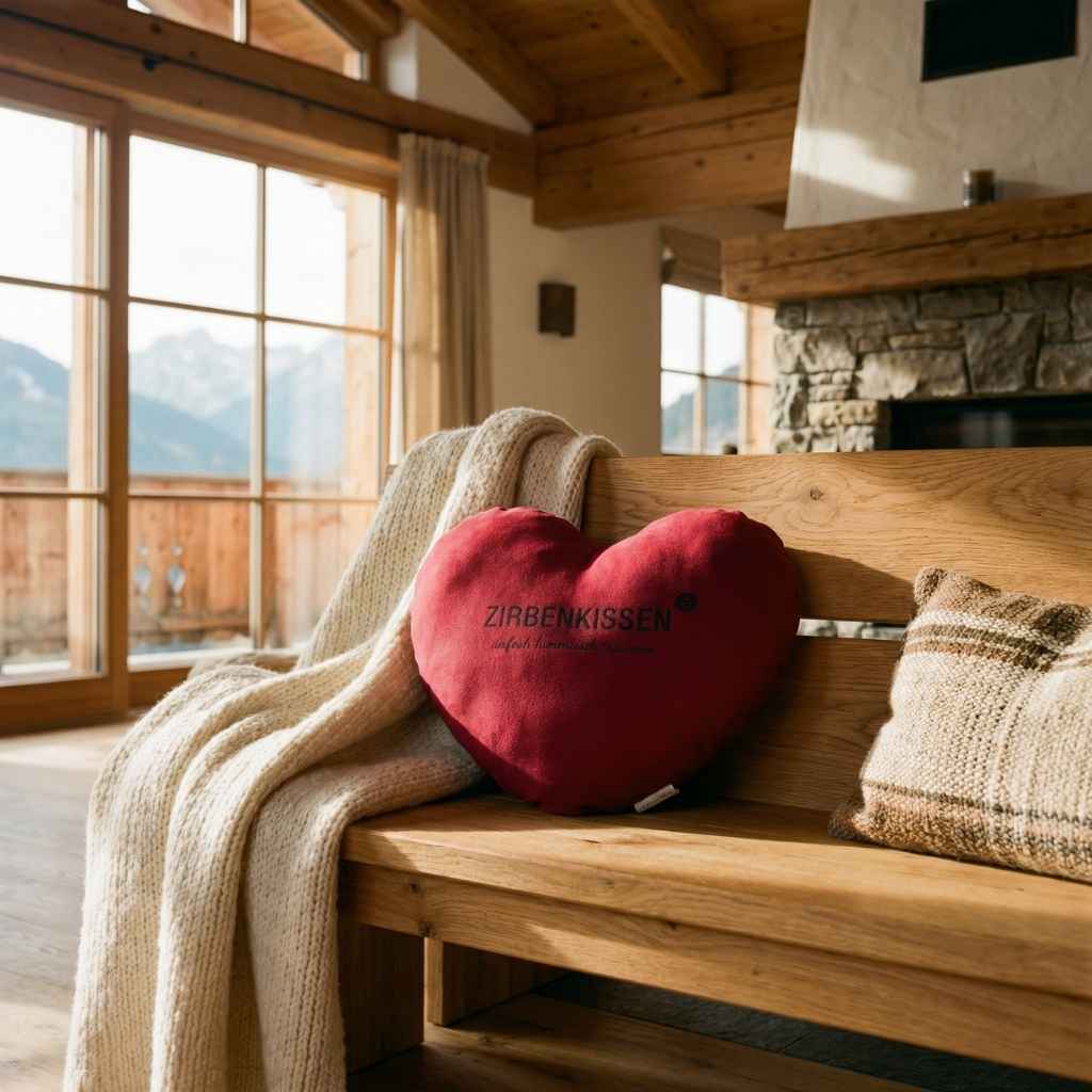 Rotes Zirben-Herzkissen Zirbenprodukt 40x40 cm mit natürlichen Zirbenflocken – handgefertigt in Tirol in einem Großen Lichtdurchfluteten Wohnzimmer auf einer Holzbank neben einer Beigen gestrickten Decke