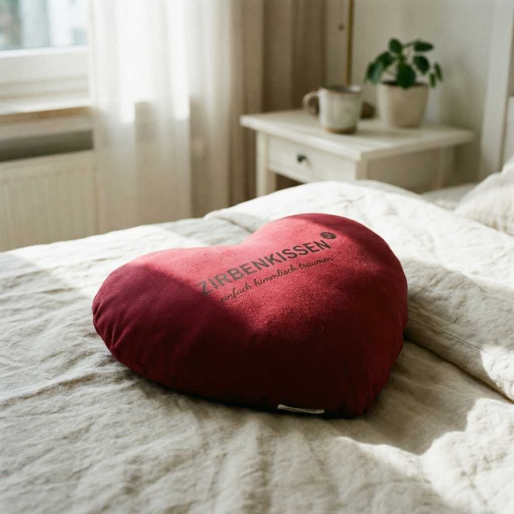 Rotes Zirben-Herzkissen 40x40 cm mit natürlichen Zirbenflocken – handgefertigt in Tirol, Zirbenprdukt liegt auf dem Bett, wird von Sonnenstrahlen erhellt, Helle beddecke