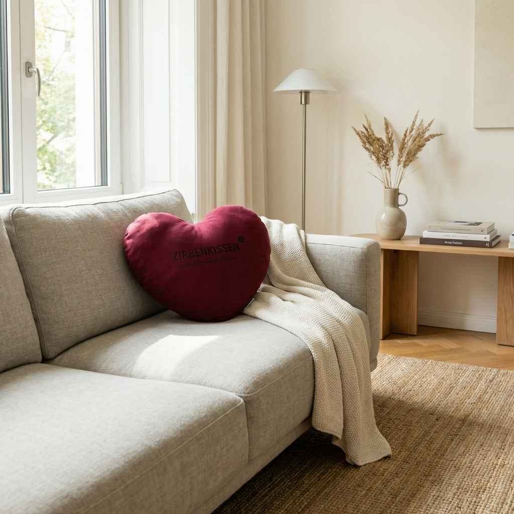 Rotes Zirben-Herzkissen 40x40 cm mit natürlichen Zirbenflocken – handgefertigt in Tirol das Zirbenprodukt ist auf einer Couch in einem modernen Wohnzimmer