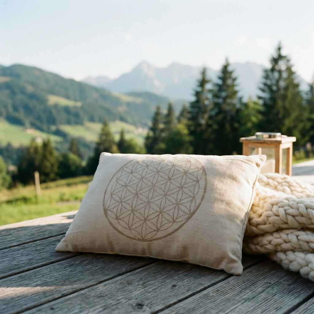 Handgefertigtes Zirbenkissen 30x20cm mit echten Zirbenflocken und Blume des Lebens vor alpiner Bergkulisse – Naturprodukt aus dem Kreativstudio Kitzbuehel.