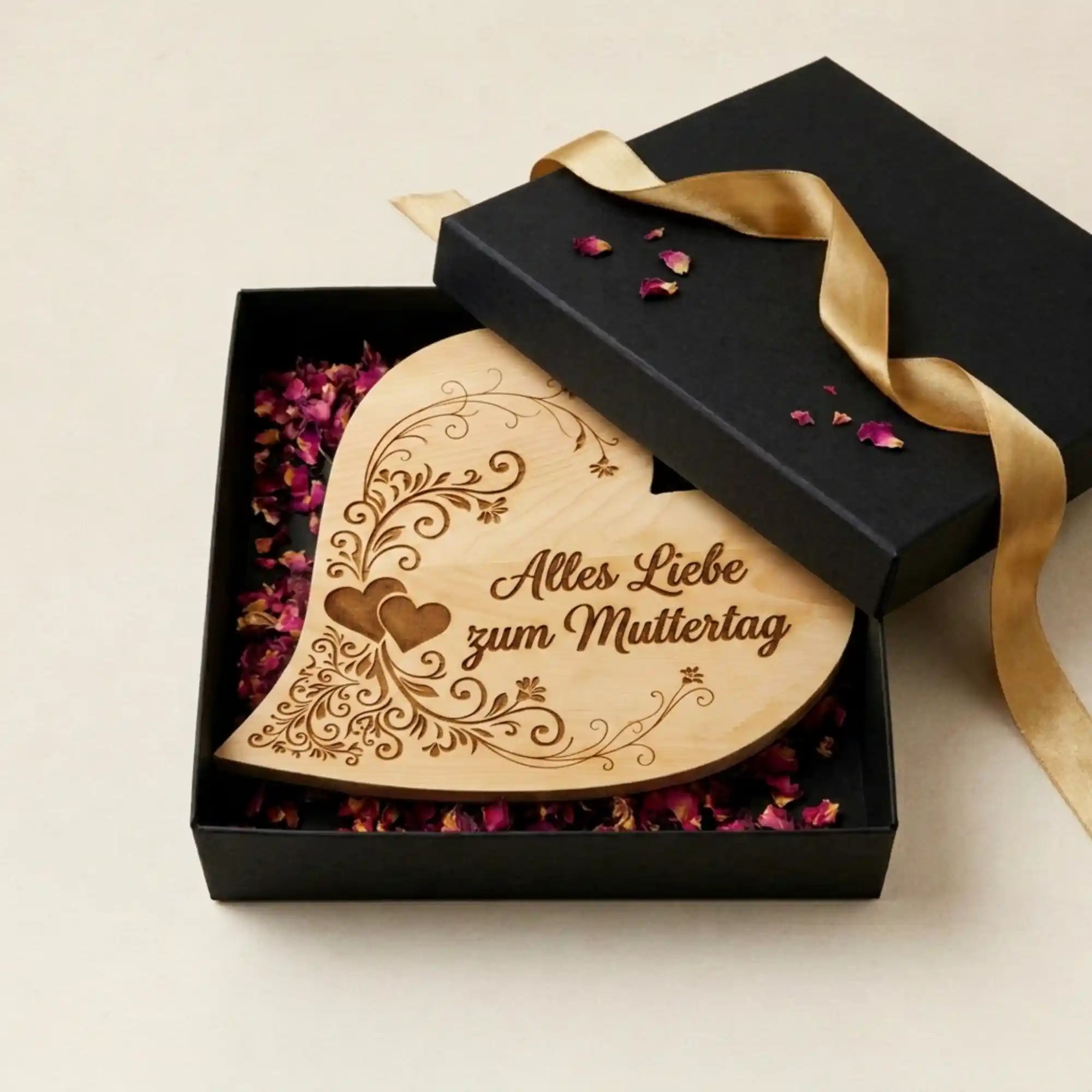 Zirbenherz mit Gravur Alles Liebe zum Muttertag in einer halb geoeffneten schwarzen Geschenkbox auf Rosenblueten. Zirbenherz mit Gravur Alles Liebe zum Muttertag in einer halb geoeffneten schwarzen Geschenkbox auf Rosenblueten.