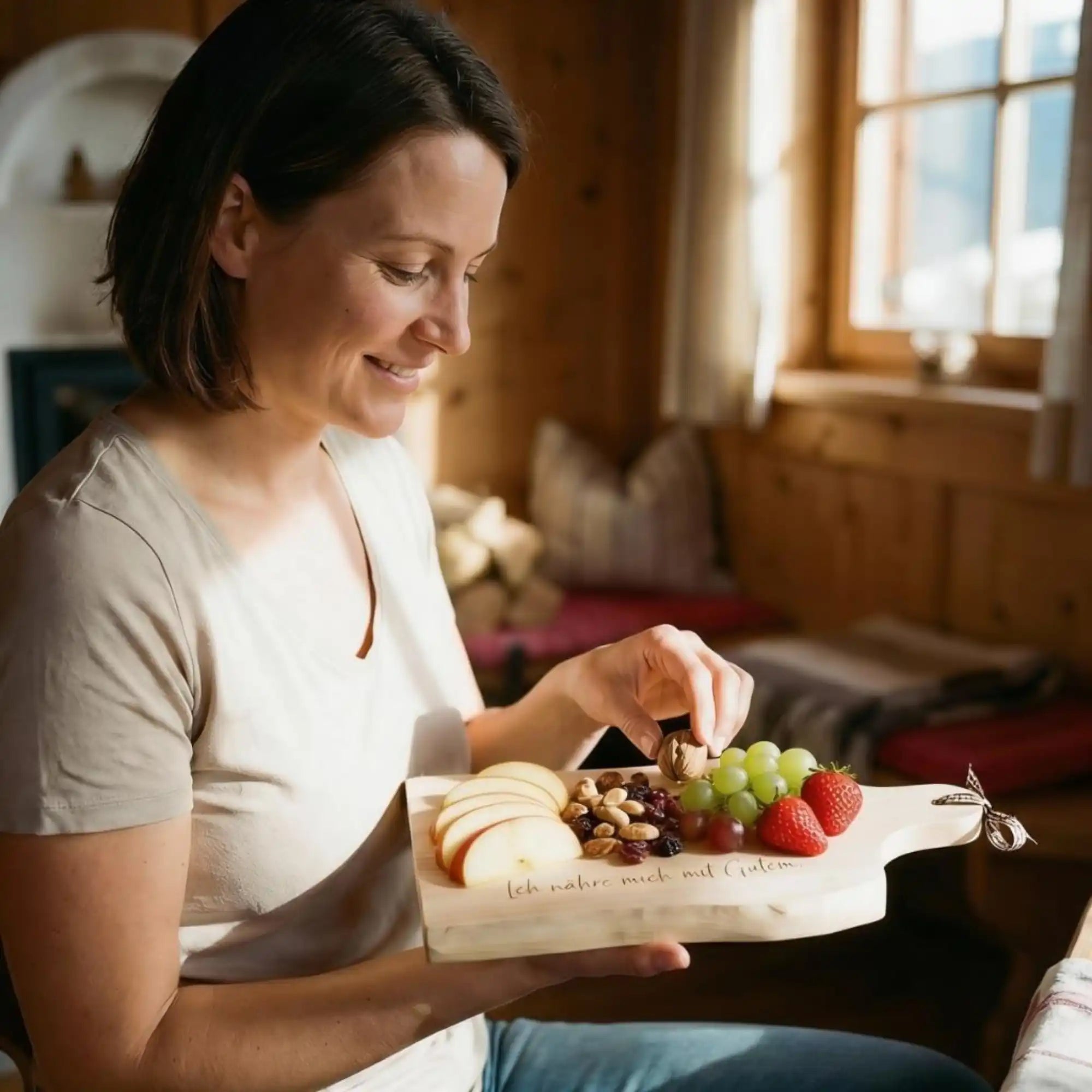 Glueckliche Frau isst Obst von personalisiertem Zirbenjausenbrett. Gravur "Ich naehre mich mit Gutem" & Apfel-Symbol. Glueckliche Frau isst Obst von personalisiertem Zirbenjausenbrett. Gravur "Ich naehre mich mit Gutem" & Apfel-Symbol.