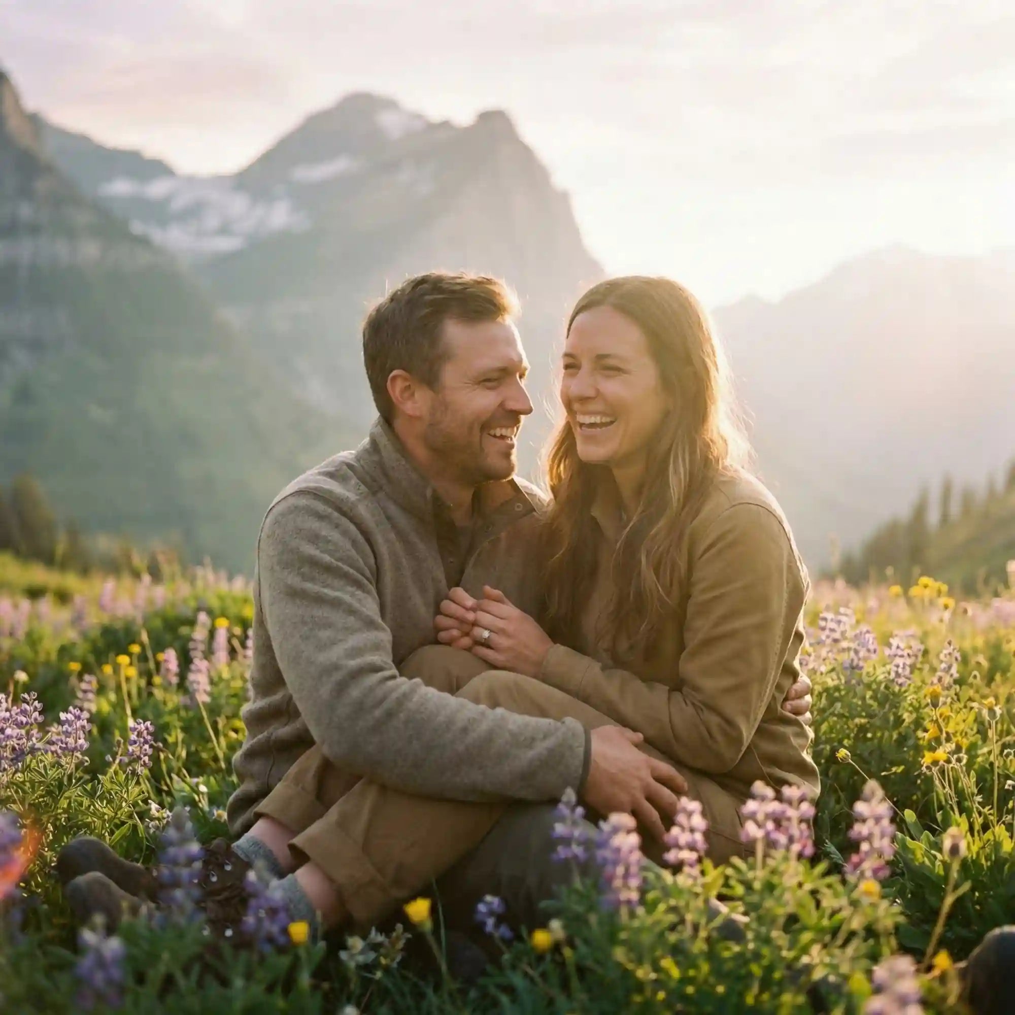 Emotionales Lifestyle Bild eines lachenden Paares in den Bergen als Kategoriekachel fuer exklusive Zirbenprodukte und das gesamte Sortiment an personalisierten Geschenken.