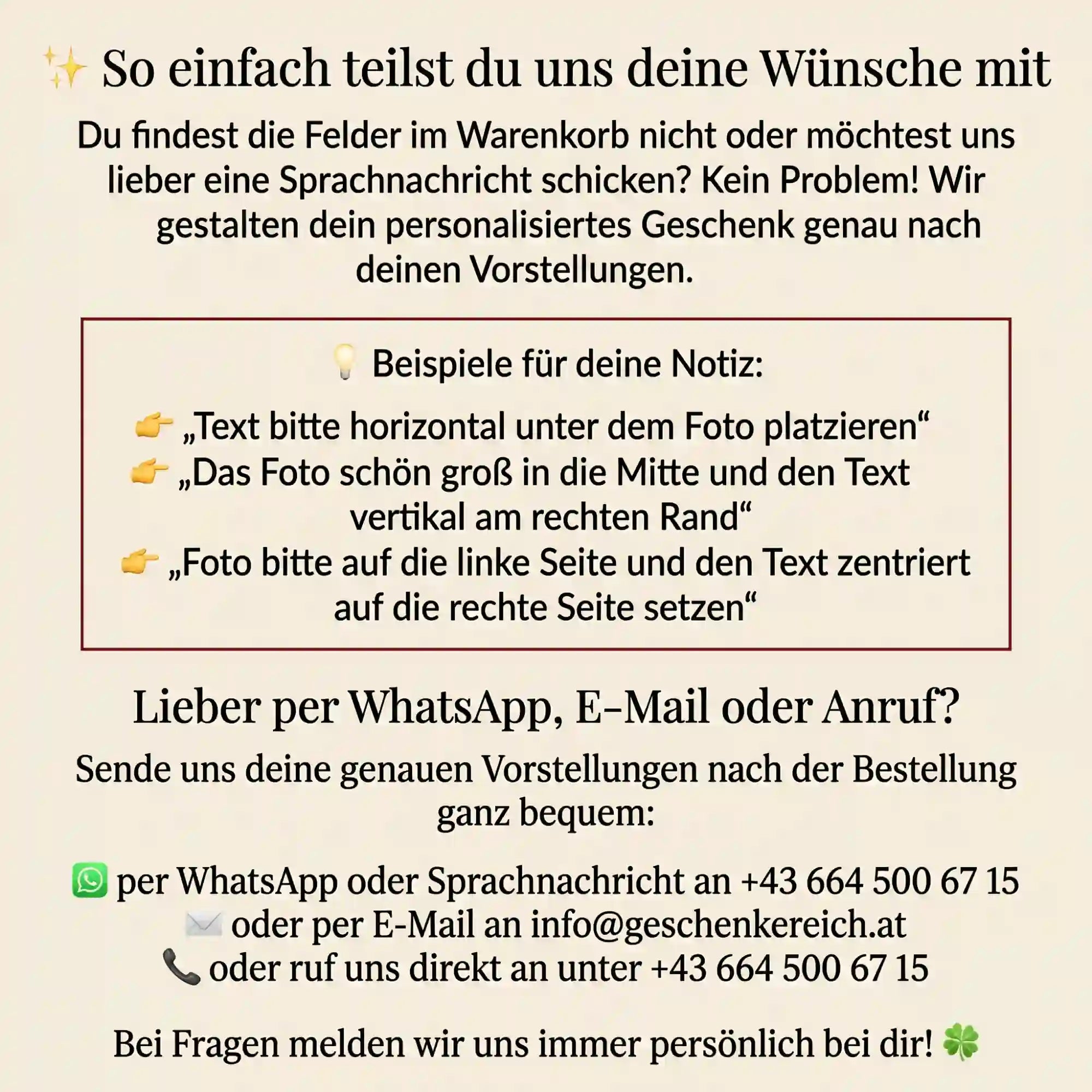 Optionen fuer ein personalisiertes Geschenk mit Lasergravur. Gravur-Wuensche direkt per WhatsApp oder E-Mail an GeschenkeReich Kitzbuehel. Optionen fuer ein personalisiertes Geschenk mit Lasergravur. Gravur-Wuensche direkt per WhatsApp oder E-Mail an GeschenkeReich Kitzbuehel.