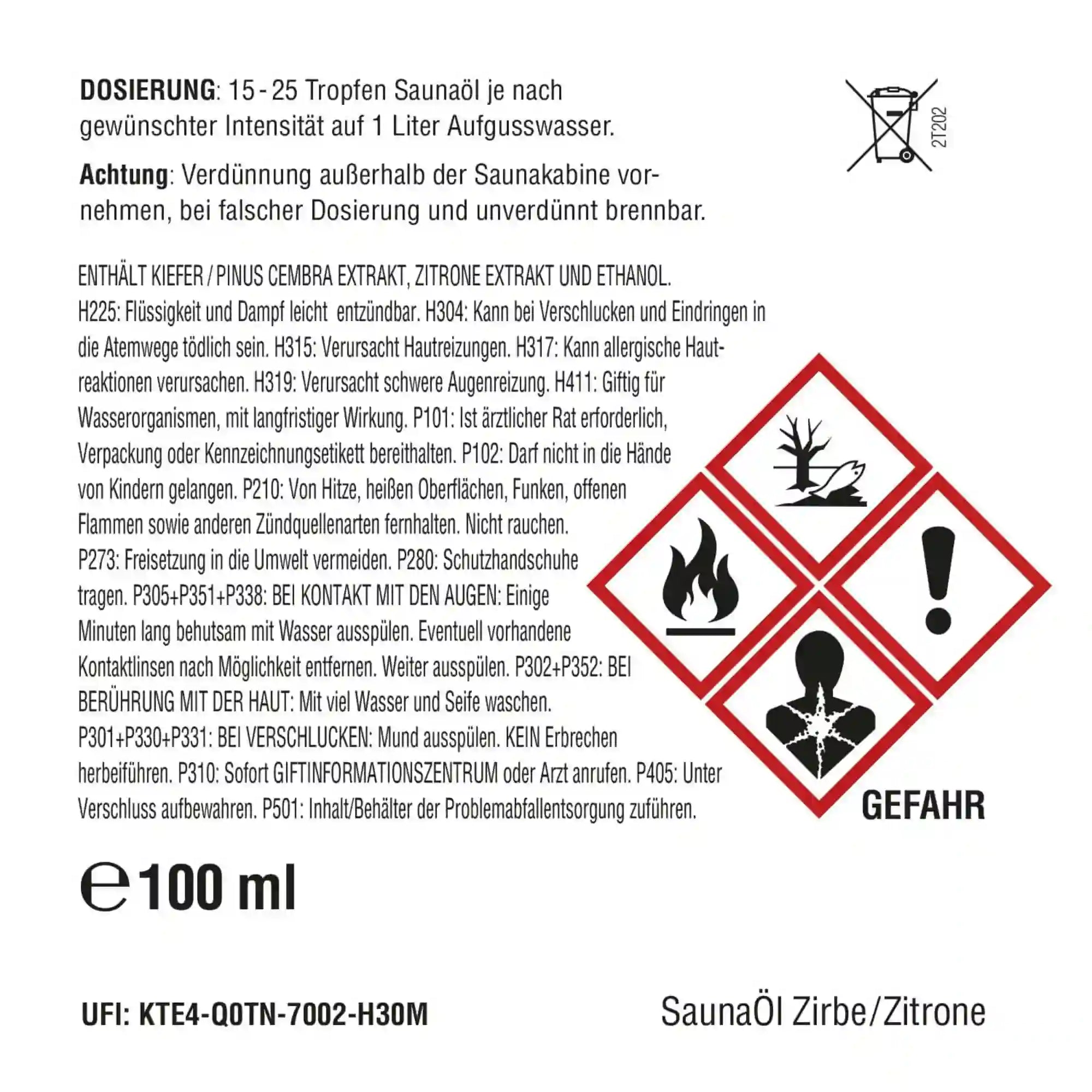 Rueckansicht der 100ml Saunaoel-Flasche Zirbe und Zitrone mit detaillierten Sicherheitshinweisen, CLP-Kennzeichnung und Inhaltsstoffen auf dem Etikett. Rueckansicht der 100ml Saunaoel-Flasche Zirbe und Zitrone mit detaillierten Sicherheitshinweisen, CLP-Kennzeichnung und Inhaltsstoffen auf dem Etikett.