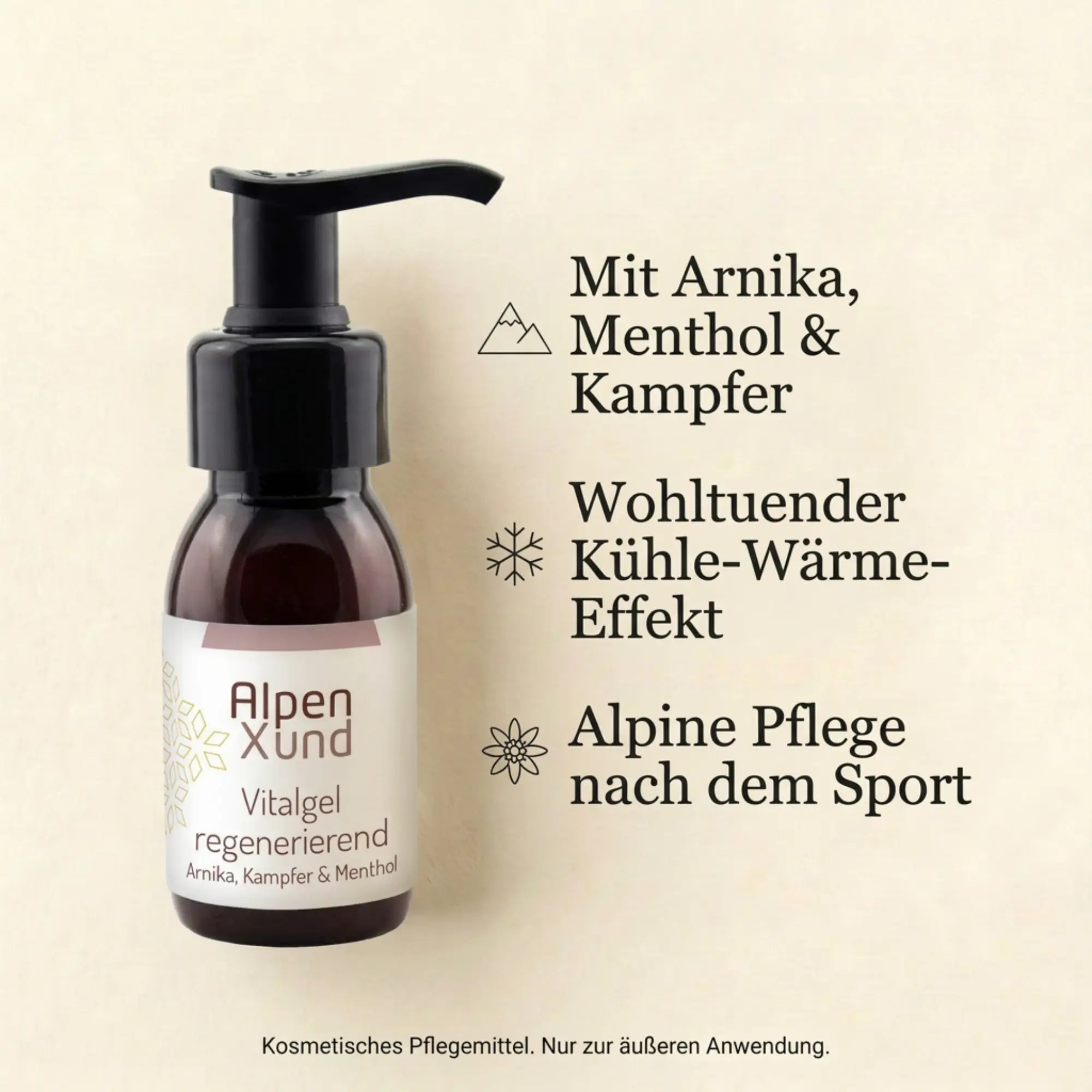 Produkt-Infografik fuer Arnika Vitalgel auf beigem Buettenpapier mit Symbolen fuer Kuehle-Effekt, Arnika und alpine Regeneration. Produkt-Infografik fuer Arnika Vitalgel auf beigem Buettenpapier mit Symbolen fuer Kuehle-Effekt, Arnika und alpine Regeneration.