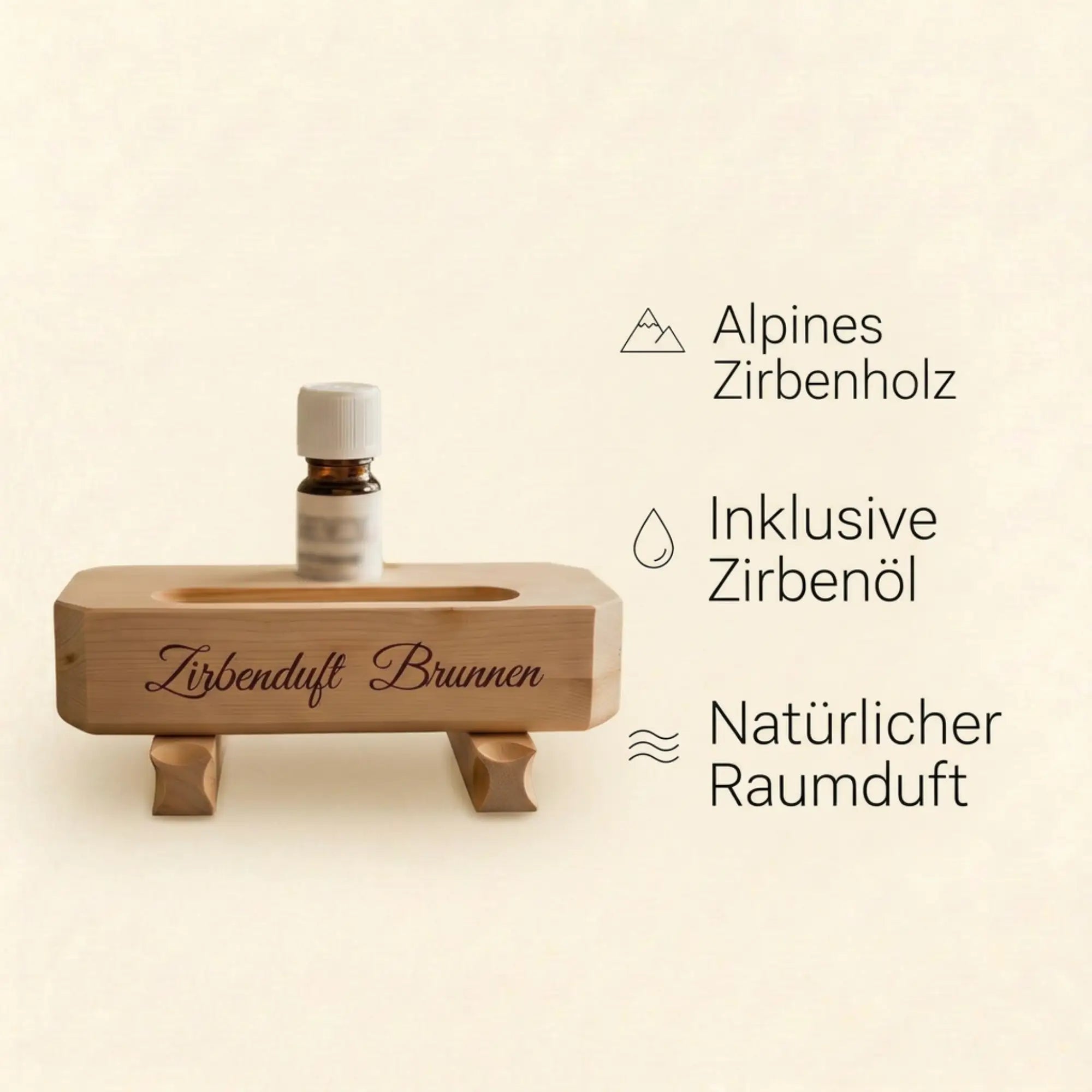 Zirbenduft-Brunnen Setkarte mit eleganter Schrift und Icons fuer Zirbenholz Zirbenoel und Raumduft auf beigem Hintergrund. Zirbenduft-Brunnen Setkarte mit eleganter Schrift und Icons fuer Zirbenholz Zirbenoel und Raumduft auf beigem Hintergrund.