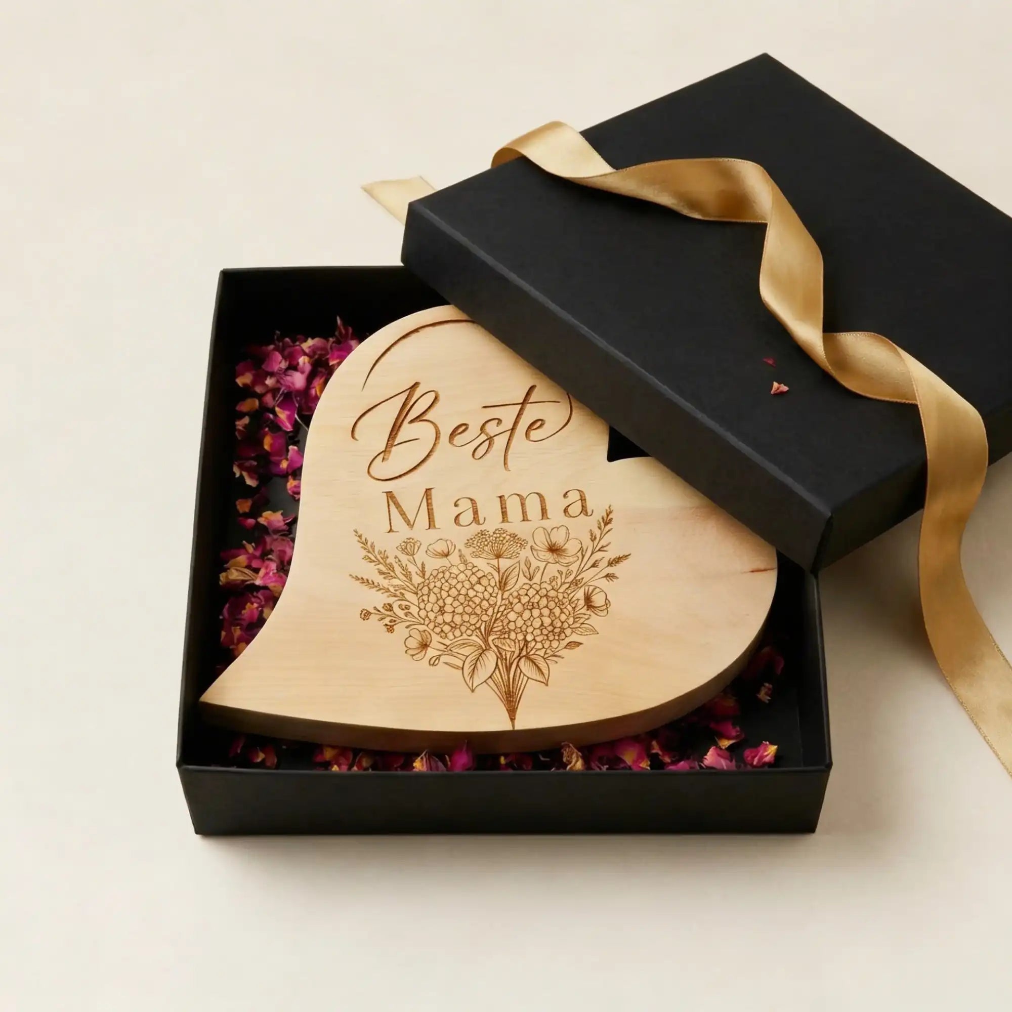 Zirbenholzherz mit Blumenstrauss-Gravur und Schriftzug Beste Mama in einer offenen schwarzen Geschenkbox mit Rosenblueten zum Muttertag. Zirbenholzherz mit Blumenstrauss-Gravur und Schriftzug Beste Mama in einer offenen schwarzen Geschenkbox mit Rosenblueten zum Muttertag.