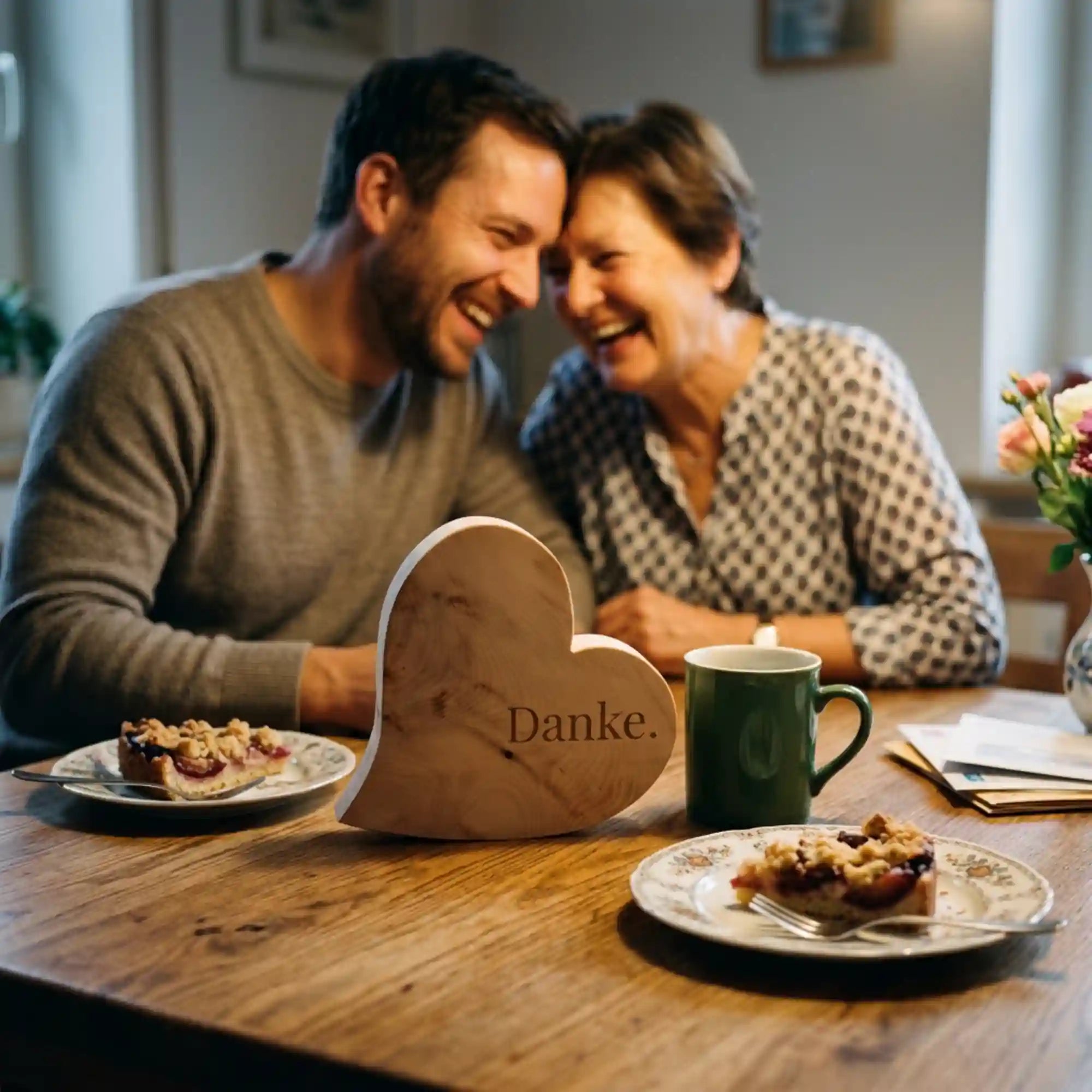 Zirbenherz mit Gravur „Danke“ als Tischdeko – liebevolles Muttertagsgeschenk auf einem gedeckten Kaffeetisch aus massivem Zirbenholz. Zirbenherz mit Gravur „Danke“ als Tischdeko – liebevolles Muttertagsgeschenk auf einem gedeckten Kaffeetisch aus massivem Zirbenholz.