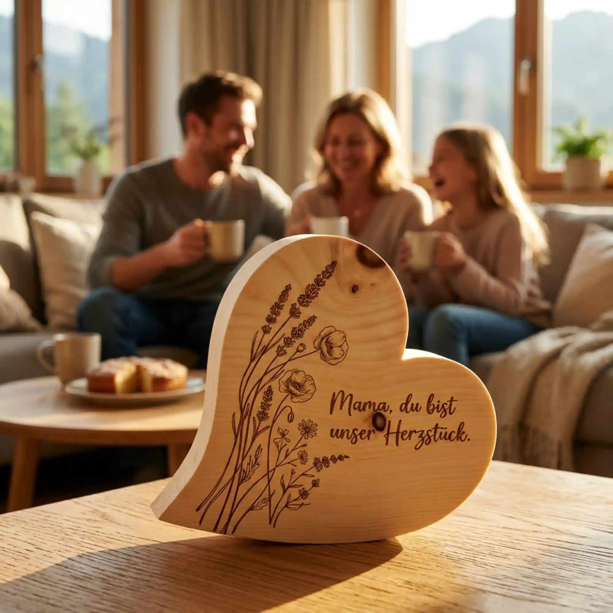 Zirbenherz Mama, du bist unser Herzstueck zum Muttertag 2026 praesentiert in einem hellen Wohnzimmer mit Familie im Hintergrund. Zirbenherz Mama, du bist unser Herzstueck zum Muttertag 2026 praesentiert in einem hellen Wohnzimmer mit Familie im Hintergrund.