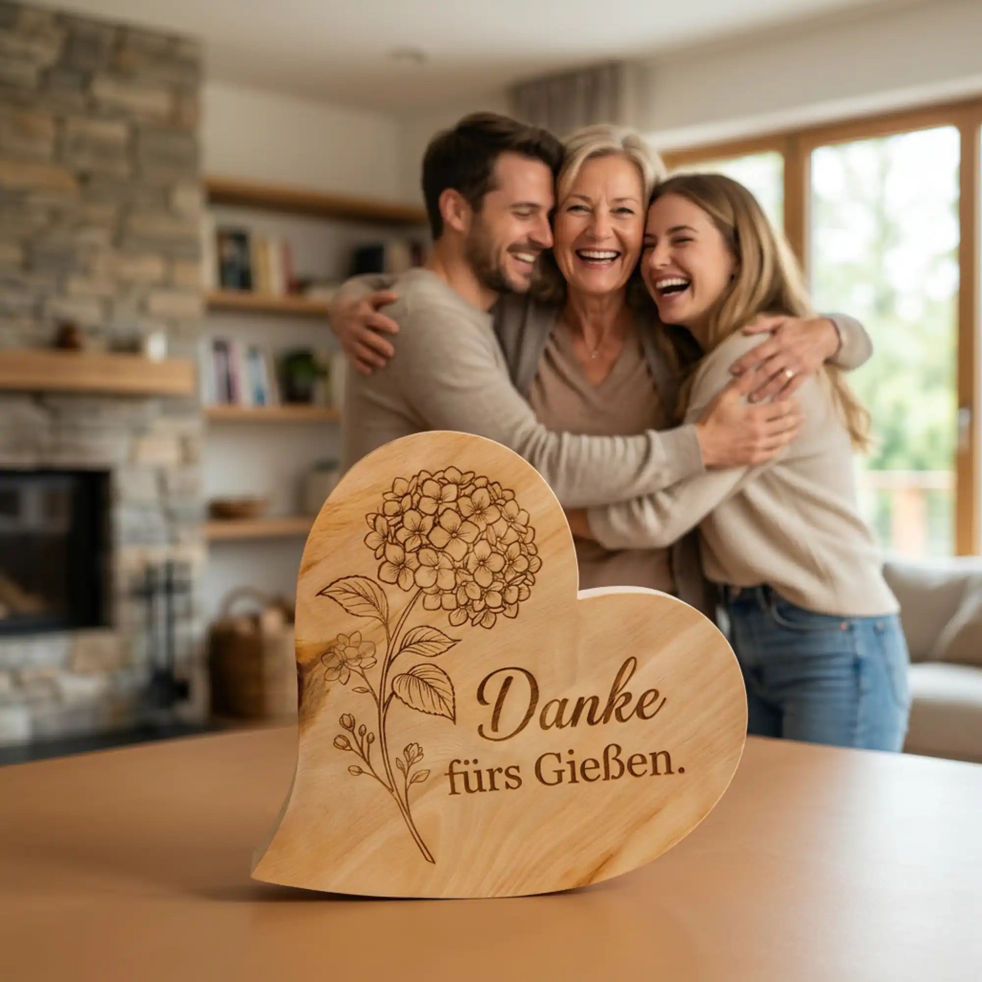Zirbenherz Muttertagsgeschenk im Fokus einer gluecklichen Familienszene mit erwachsenen Kindern und Mutter im Hintergrund. Zirbenherz Muttertagsgeschenk im Fokus einer gluecklichen Familienszene mit erwachsenen Kindern und Mutter im Hintergrund.