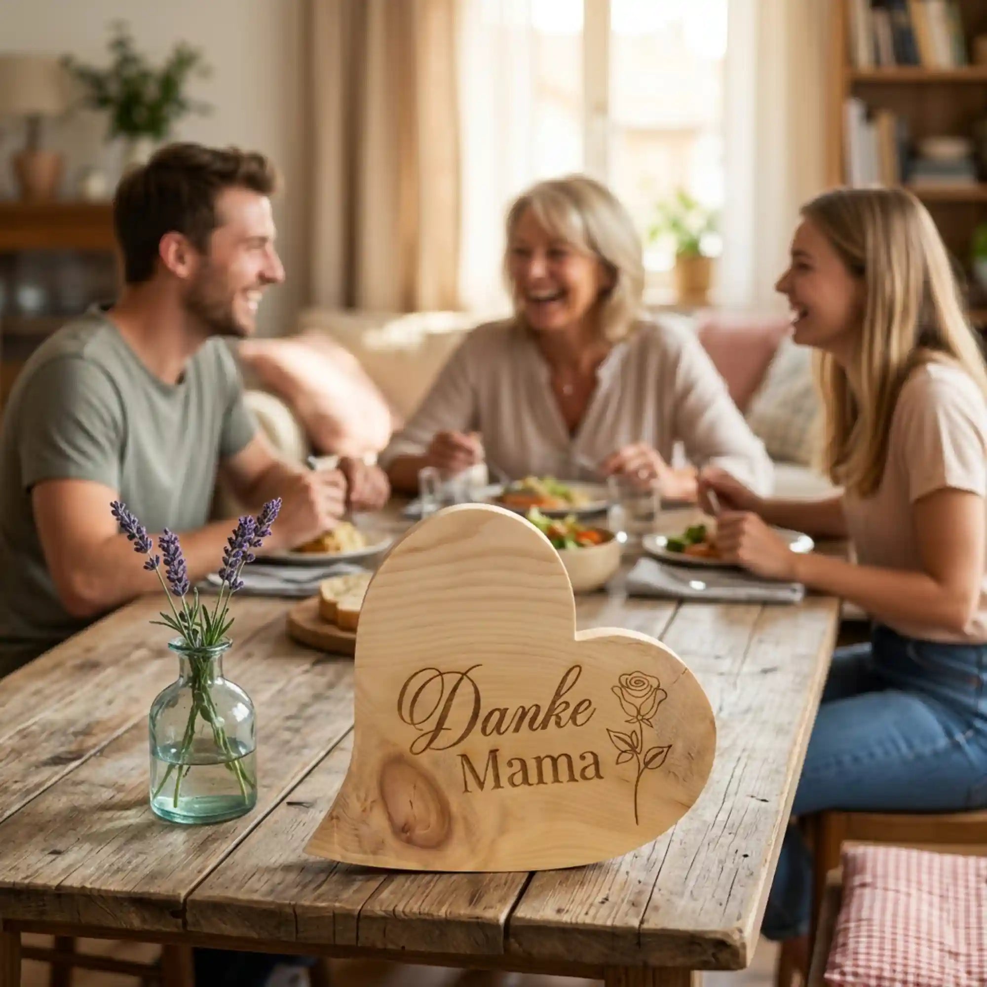 Zirbenherz Muttertagsgeschenk 'Danke Mama' mit Rose als Tischdeko auf Holztisch, im Hintergrund glueckliche Familie beim Essen. Zirbenherz Muttertagsgeschenk 'Danke Mama' mit Rose als Tischdeko auf Holztisch, im Hintergrund glueckliche Familie beim Essen.