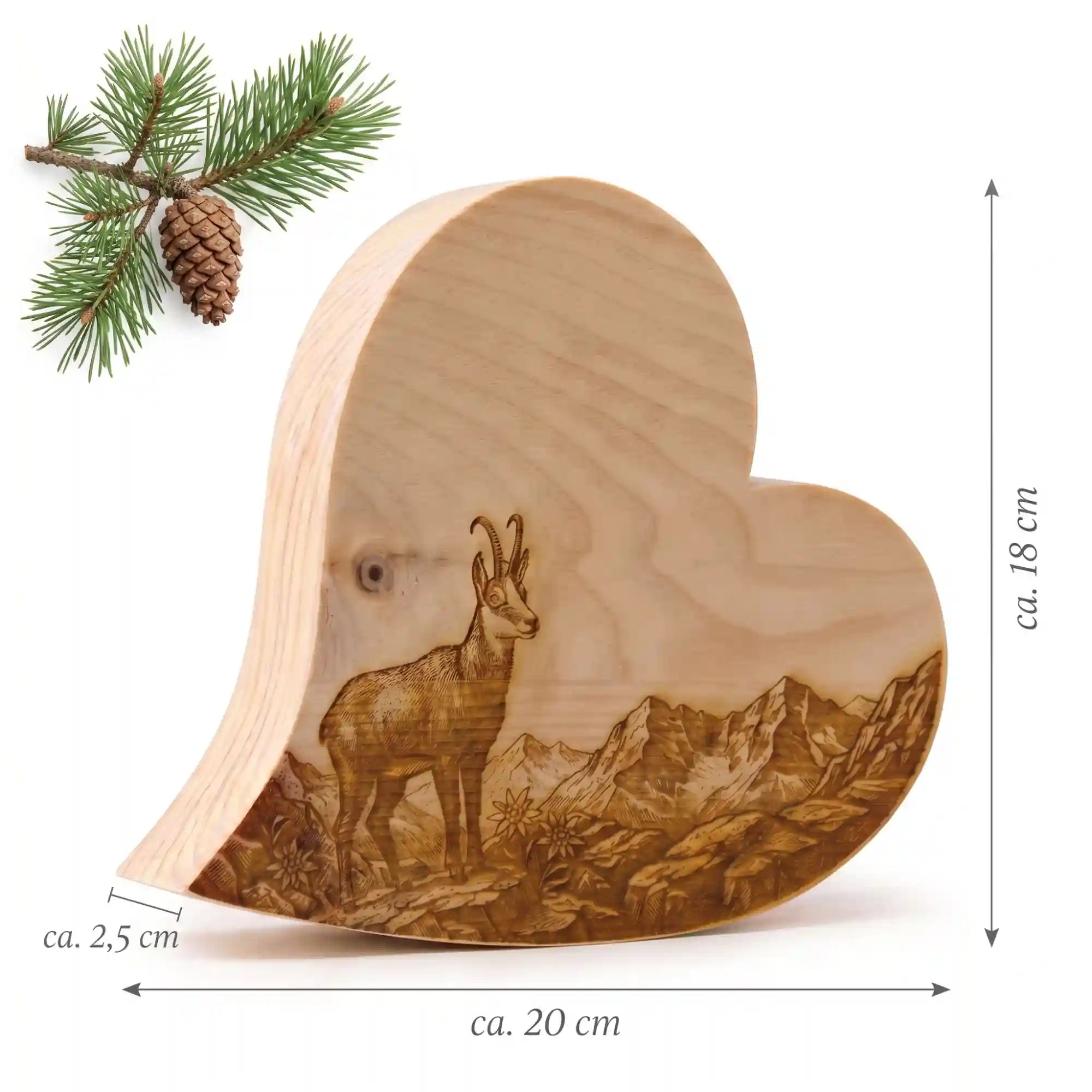 Produktgrafik des stehenden Zirbenherzens mit den Massangaben 20 cm Breite und 18 cm Hoehe als Geschenk und Souvenir aus Kitzbuehel. Produktgrafik des stehenden Zirbenherzens mit den Massangaben 20 cm Breite und 18 cm Hoehe als Geschenk und Souvenir aus Kitzbuehel.