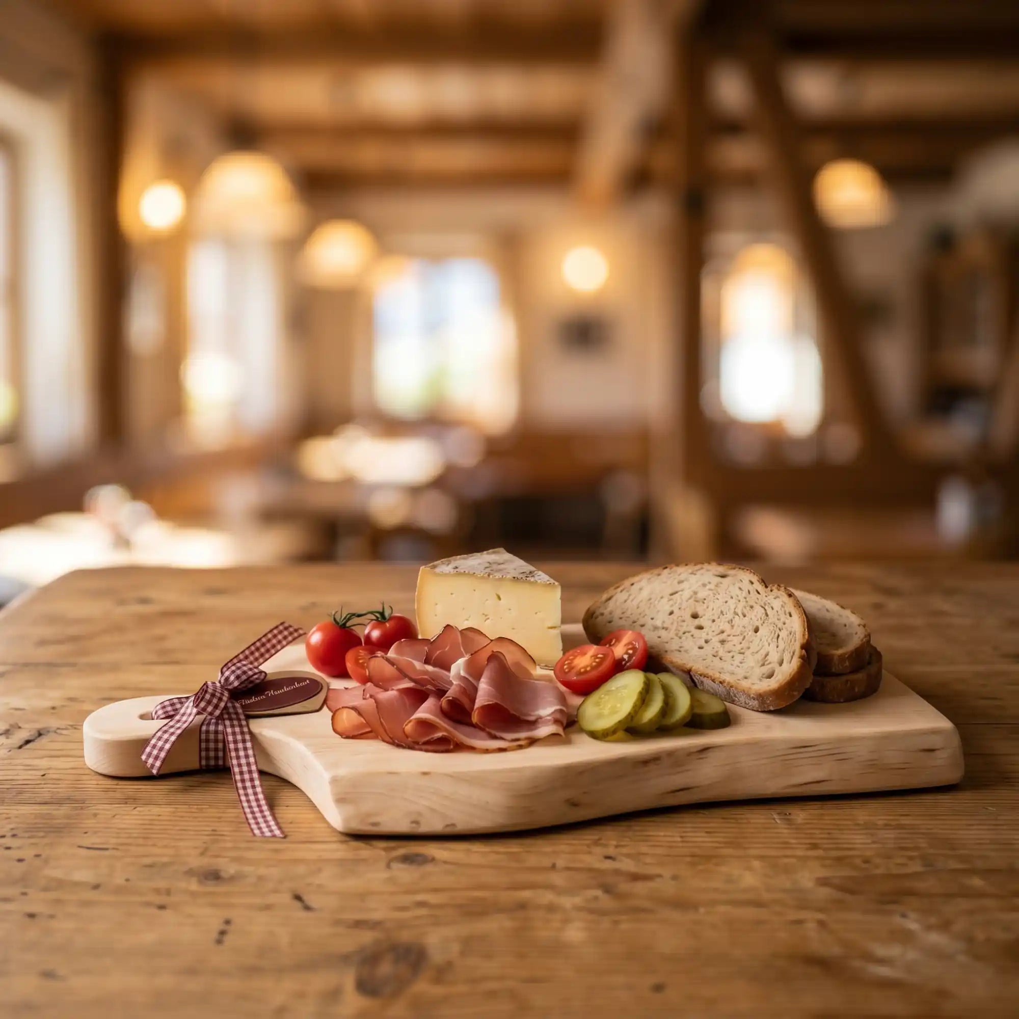 Massives XL Zirbenholz Jausenbrett als robustes Servierbrett fuer Gastronomie und Hotellerie angerichtet mit traditioneller Brotzeit im Wirtshaus.