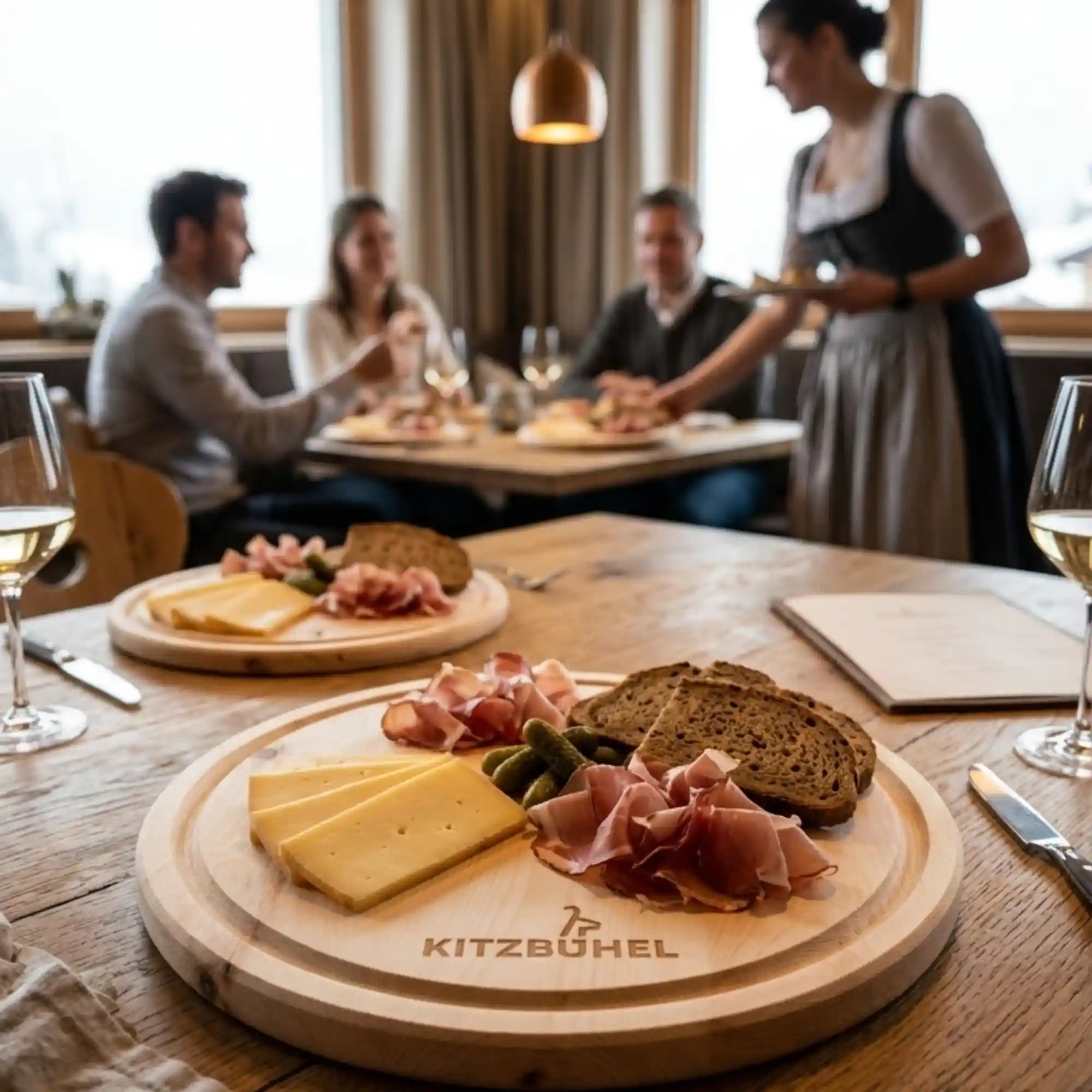 Zirbenholz Jausenbrett mit Kitzbuehel Gravur als hochwertiges Servierbrett in Tiroler Hotel‑ und Chaletgastronomie. Zirbenholz Jausenbrett mit Kitzbuehel Gravur als hochwertiges Servierbrett in Tiroler Hotel‑ und Chaletgastronomie.