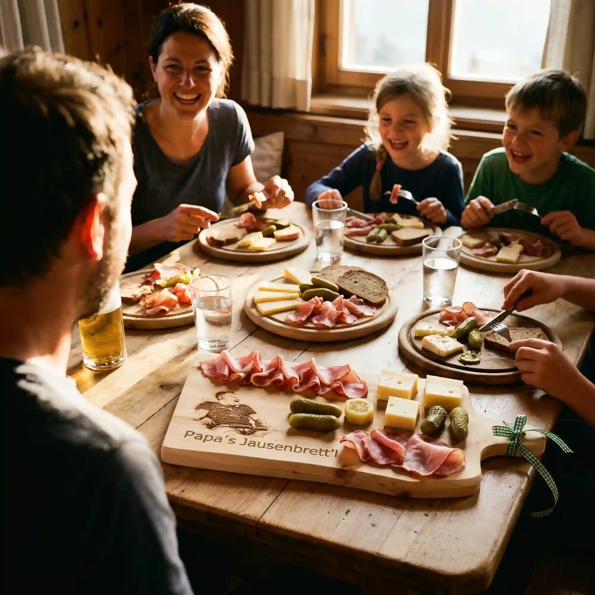 Handgefertigtes Zirbenholz-Jausenbrett mit individueller Gravur auf einem Tisch bei einer gemuetlichen Familienjause mit Tiroler Speck und Kaese. Handgefertigtes Zirbenholz-Jausenbrett mit individueller Gravur auf einem Tisch bei einer gemuetlichen Familienjause mit Tiroler Speck und Kaese.