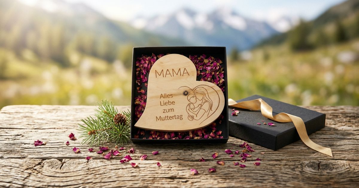 Personalisiertes Zirbenherz mit Gravur in einer schwarzen Geschenkbox auf Altholz vor Alpen-Hintergrund.