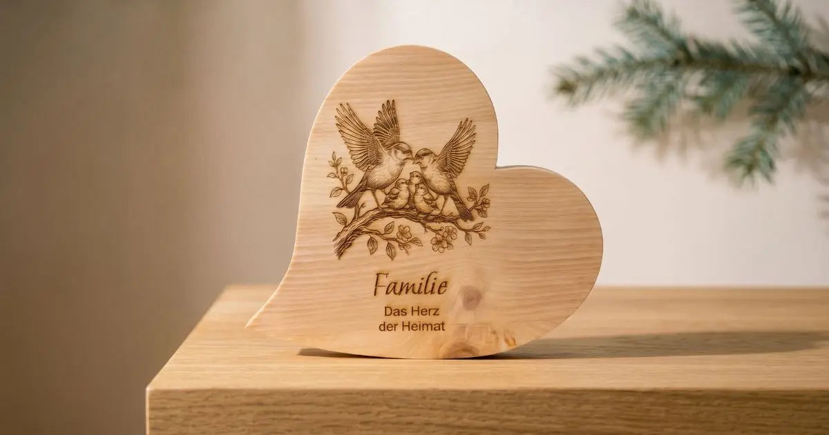 Zirbenherz fuer Familien mit der Gravur einer Vogel Familie und dem Spruch, Familie das Herz der Heimat