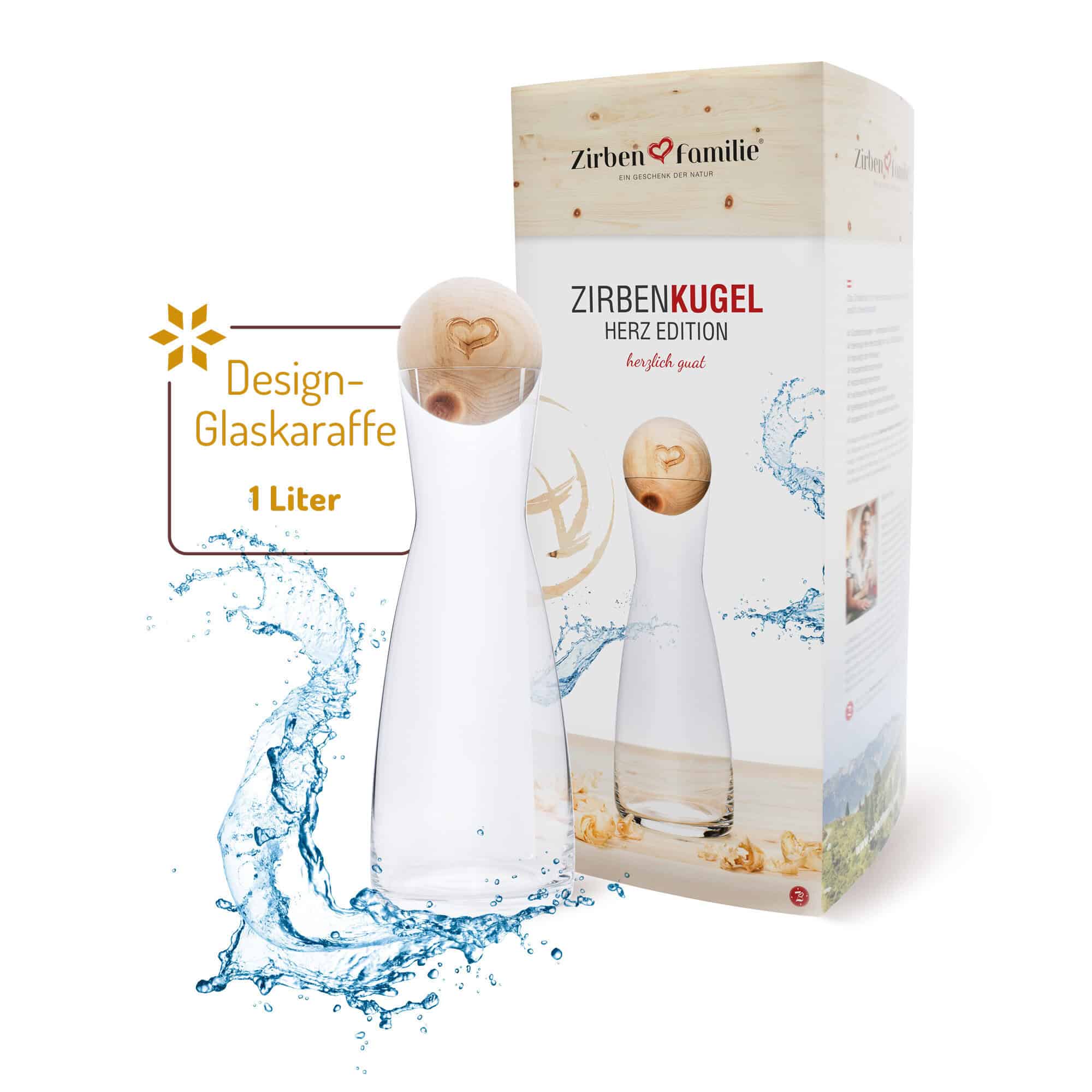 ZirbenKugel Herz-Edition mit Kisslinger Glaskaraffe, handgefertigt in Tirol aus Zirbenholz mit Herzgravur