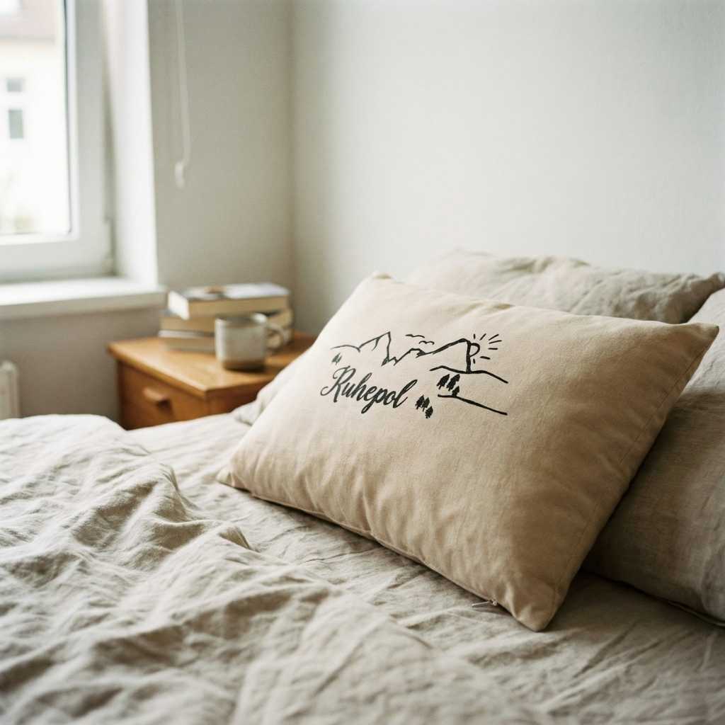 Zirbenkissen Zirbenprodukt 30x20 cm mit natürlichen Zirbenflocken und der Aufschrift Ruhepol mit minimalistischer grafik bestehnd aus berg sonne tannenbäumen und wandereren– ohne deko Zirbenprdukt liegt auf dem Bett, wird von Sonnenstrahlen erhellt, Helle bettdecke