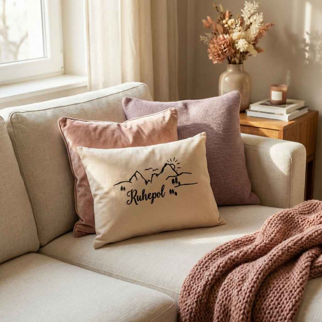 Zirbenkissen Zirbenprodukt 30x20 cm mit natürlichen Zirbenflocken und der Aufschrift Ruhepol mit minimalistischer grafik bestehnd aus berg sonne tannenbäumen und wandereren– ohne deko, auf der couch zwischen dezent farbigen polstern