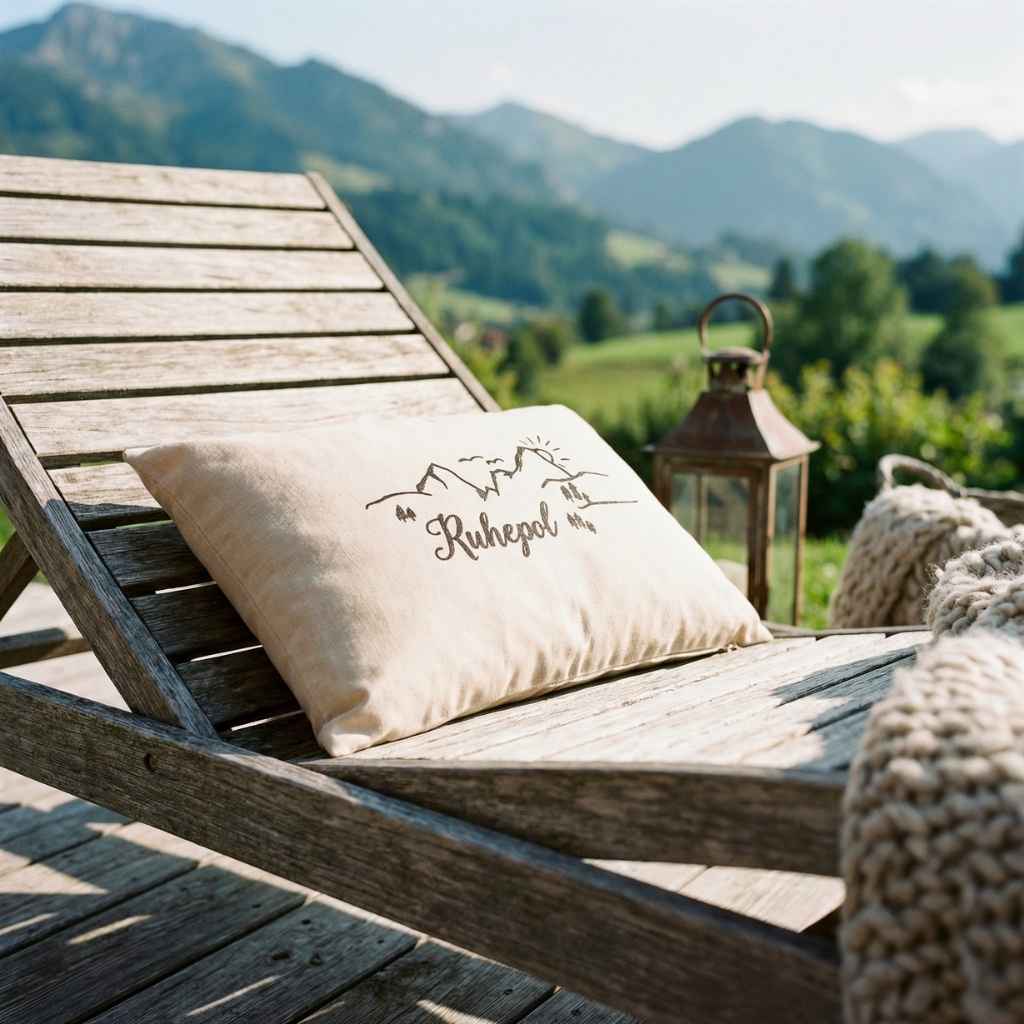 Zirbenkissen Zirbenprodukt 30x20 cm mit natürlichen Zirbenflocken und der Aufschrift Ruhepol mit minimalistischer grafik bestehnd aus berg sonne tannenbäumen und wandereren auf der liegestuhl aus holz, grüne wiesen und bergpanorama im hintergrund