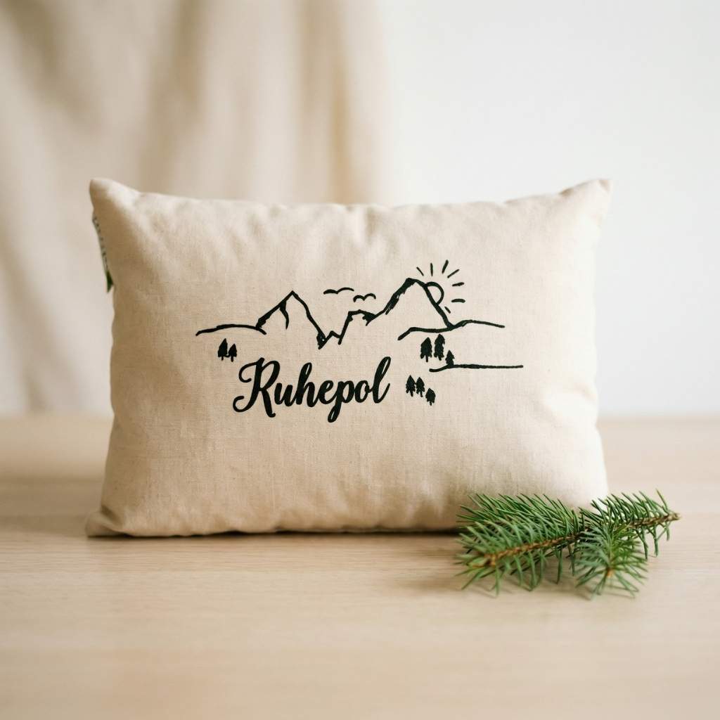 Zirbenkissen Zirbenprodukt 30x20 cm mit natürlichen Zirbenflocken und der Aufschrift Ruhepol mit minimalistischer grafik bestehnd aus berg sonne tannenbäumen und wandereren – handgefertigt in Tirol mit leichter Deko aus ästen