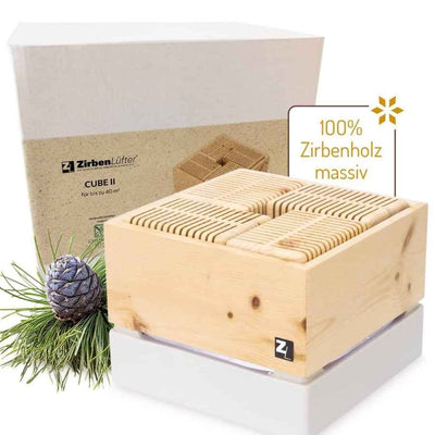 ZirbenLüfter Cube II Luftreiniger mit Gmundner Keramik in Weiß, natürlicher Luftbefeuchter aus Zirbenholz