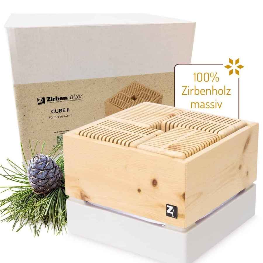 ZirbenLüfter Cube II Luftreiniger mit Gmundner Keramik in Weiß, natürlicher Luftbefeuchter aus Zirbenholz