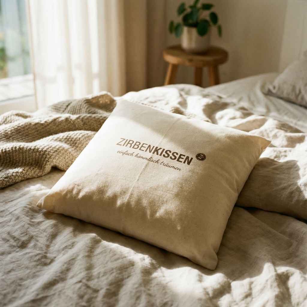 Zirbenprodukt ZirbenKissen 40x40cm “einfach himmlisch träumen” Zirbenprdukt liegt auf dem Bett, wird von Sonnenstrahlen erhellt, Helle bettdecke im Hintergrund pflanze