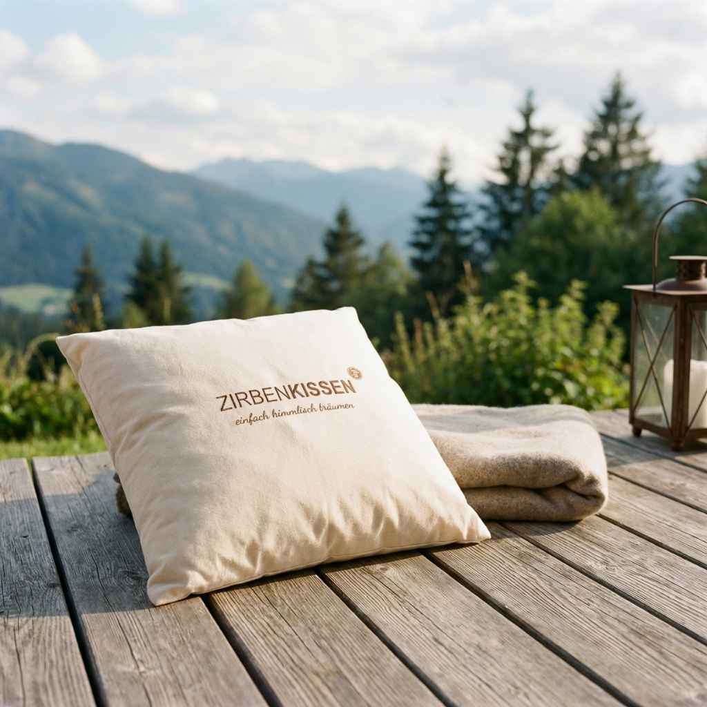 Zirbenprodukt ZirbenKissen 40x40cm “einfach himmlisch träumen”  auf einer Holzterasse im hintergrund wiesen berge und wald