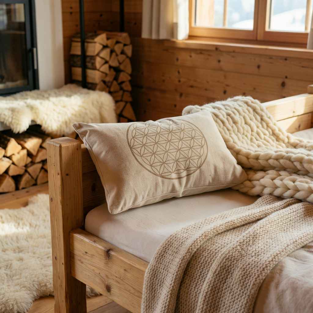 Zirbenkissen Zirbenprodukt 30x20 cm mit natürlichen Zirbenflocken und dem Symbol Blume des Lebens, Zirbenprdukt liegt auf dem Bett, wird von Sonnenstrahlen erhellt, Helle bettdecke im Hintergrund Kachelofen und brennholz