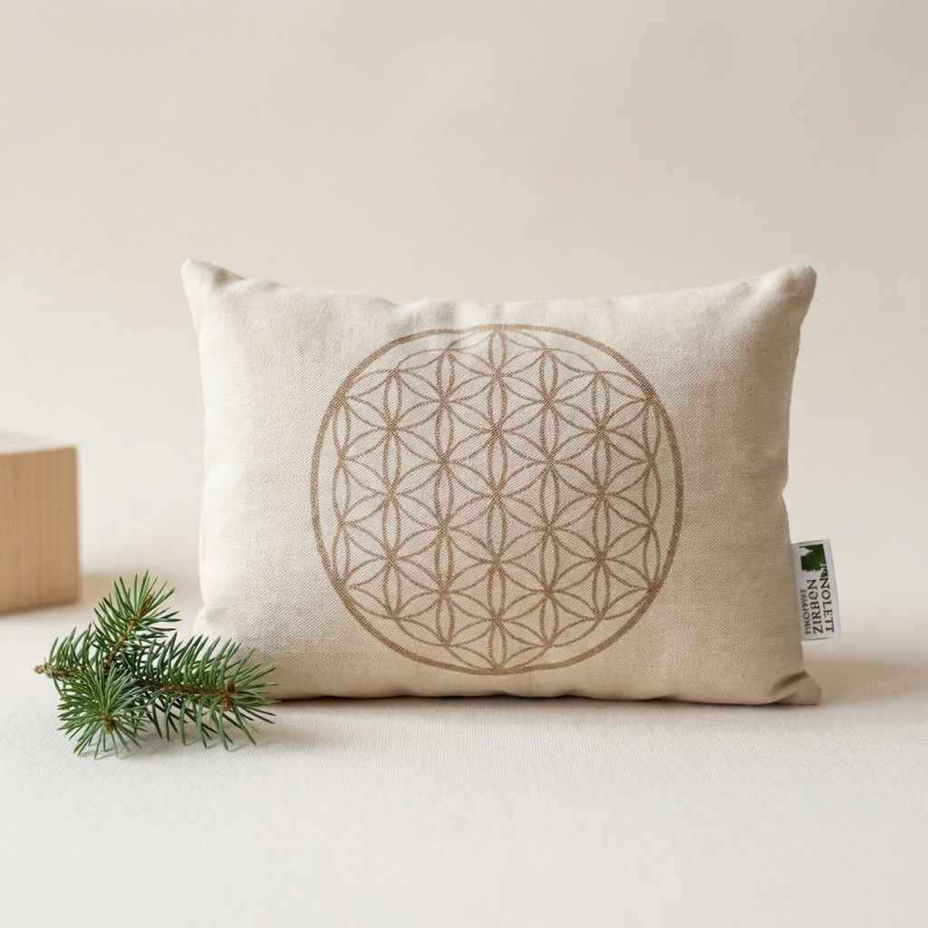 Zirbenkissen Zirbenprodukt 30x20 cm mit natürlichen Zirbenflocken und aymbol Blume des lebens handgefertigt in Tirol mit leichter Deko aus ästen