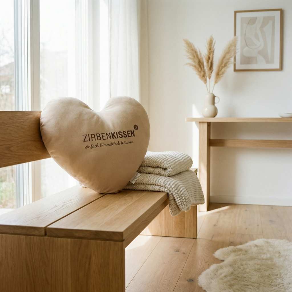 Zirben-Herzkissen beige natur Zirbenprodukt 40x40 cm mit natürlichen Zirbenflocken – handgefertigt in Tirol in einem Großen Lichtdurchfluteten Wohnzimmer auf einer Holzbank neben einer Beigen gestrickten Decke