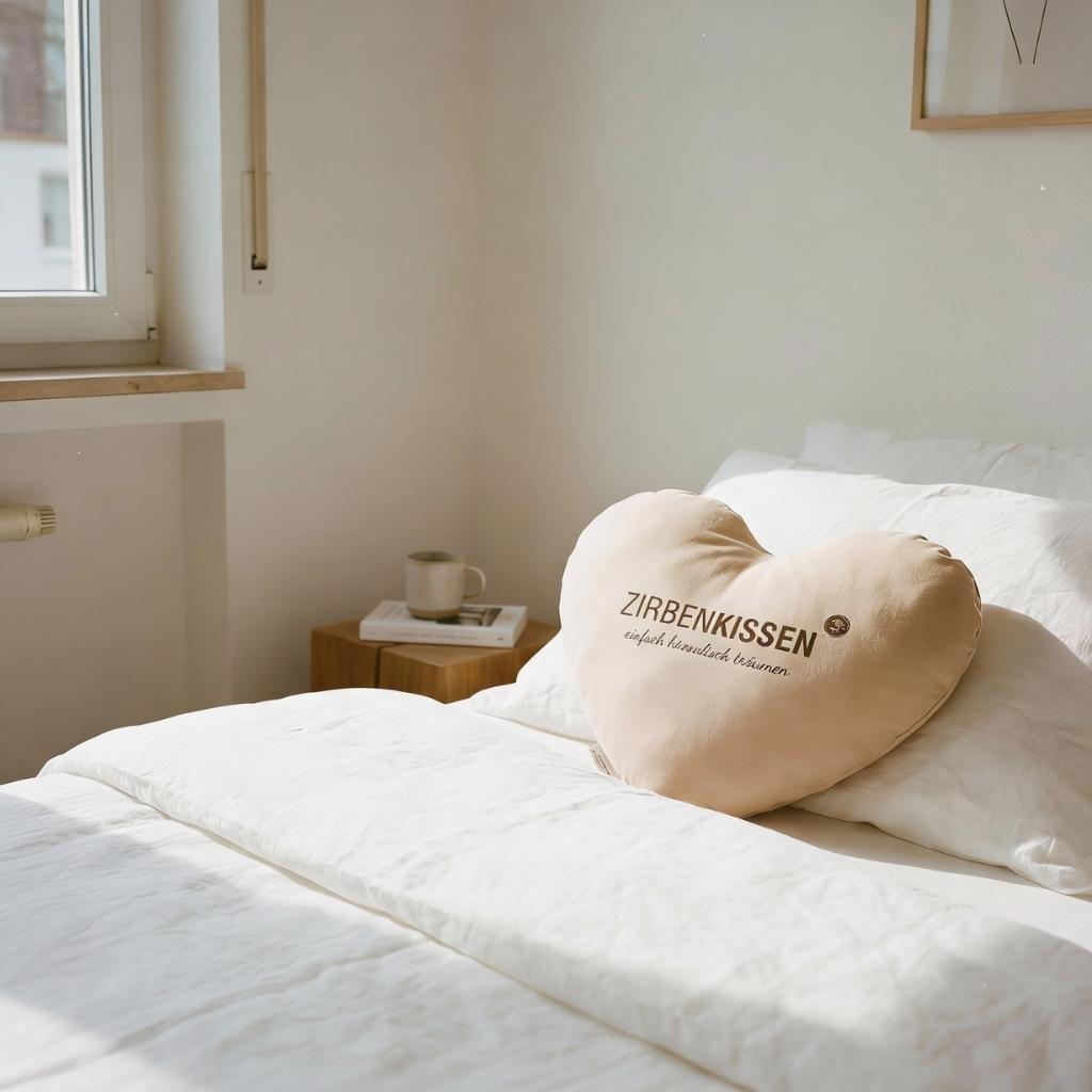 Zirbenprodukt Zirben-Herzkissen beige Natur 40x40 cm mit natürlichen Zirbenflocken – handgefertigt in Tirol, Zirbenprdukt liegt auf dem Bett, wird von Sonnenstrahlen erhellt, Helle beddecke