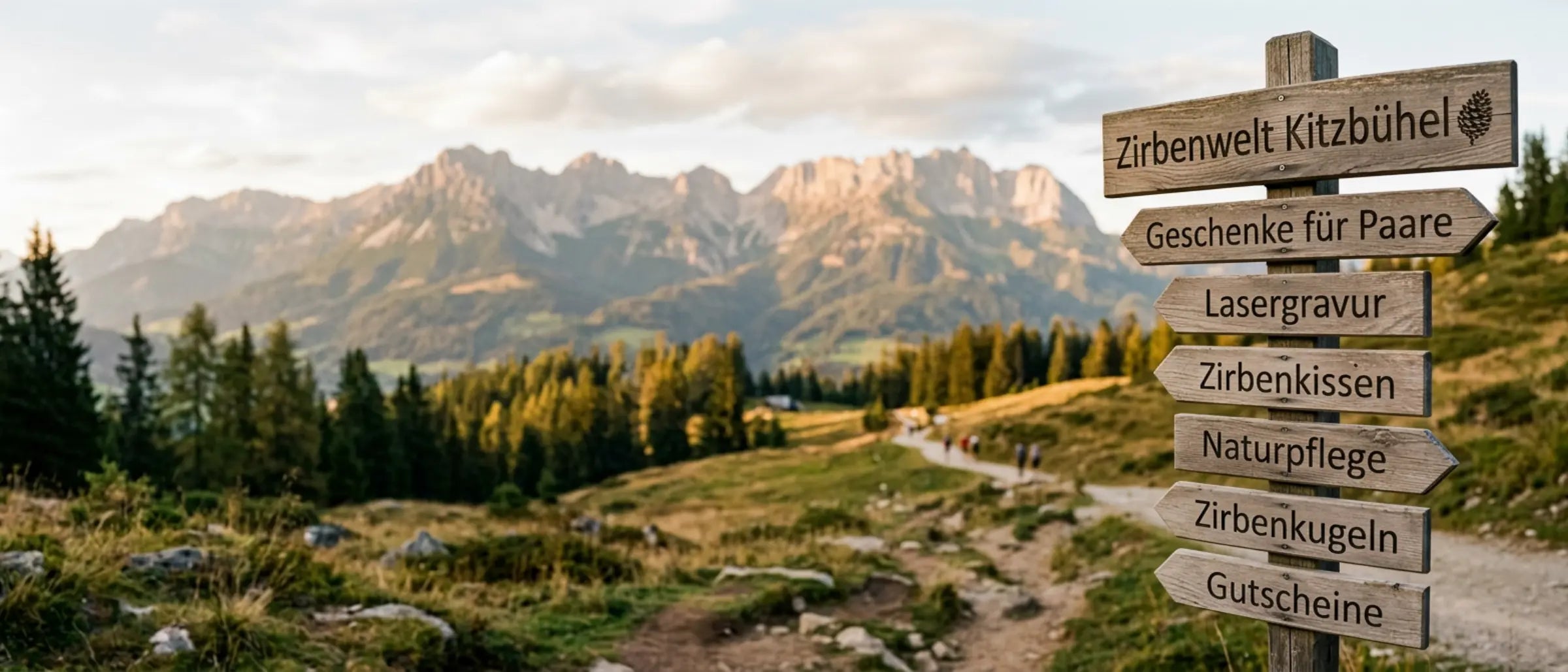 Uebersicht der GeschenkeReich Kollektionen: Rustikaler Holz-Wegweiser vor dem Panorama der Kitzbueheler Alpen mit Kategorien wie Zirbenwelt, Naturpflege und Lasergravur.