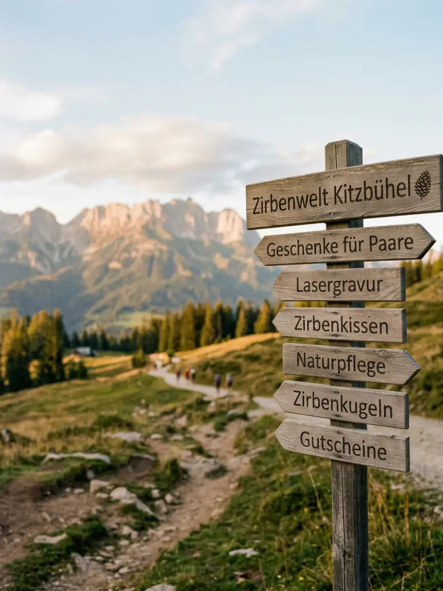 Uebersicht der GeschenkeReich Kollektionen: Rustikaler Holz-Wegweiser vor dem Panorama der Kitzbueheler Alpen mit Kategorien wie Zirbenwelt, Naturpflege und Lasergravur.