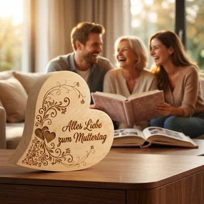 Zirbenherz Alles Liebe zum Muttertag als Dekoration auf dem Wohnzimmertisch waehrend eines Familienbesuchs.