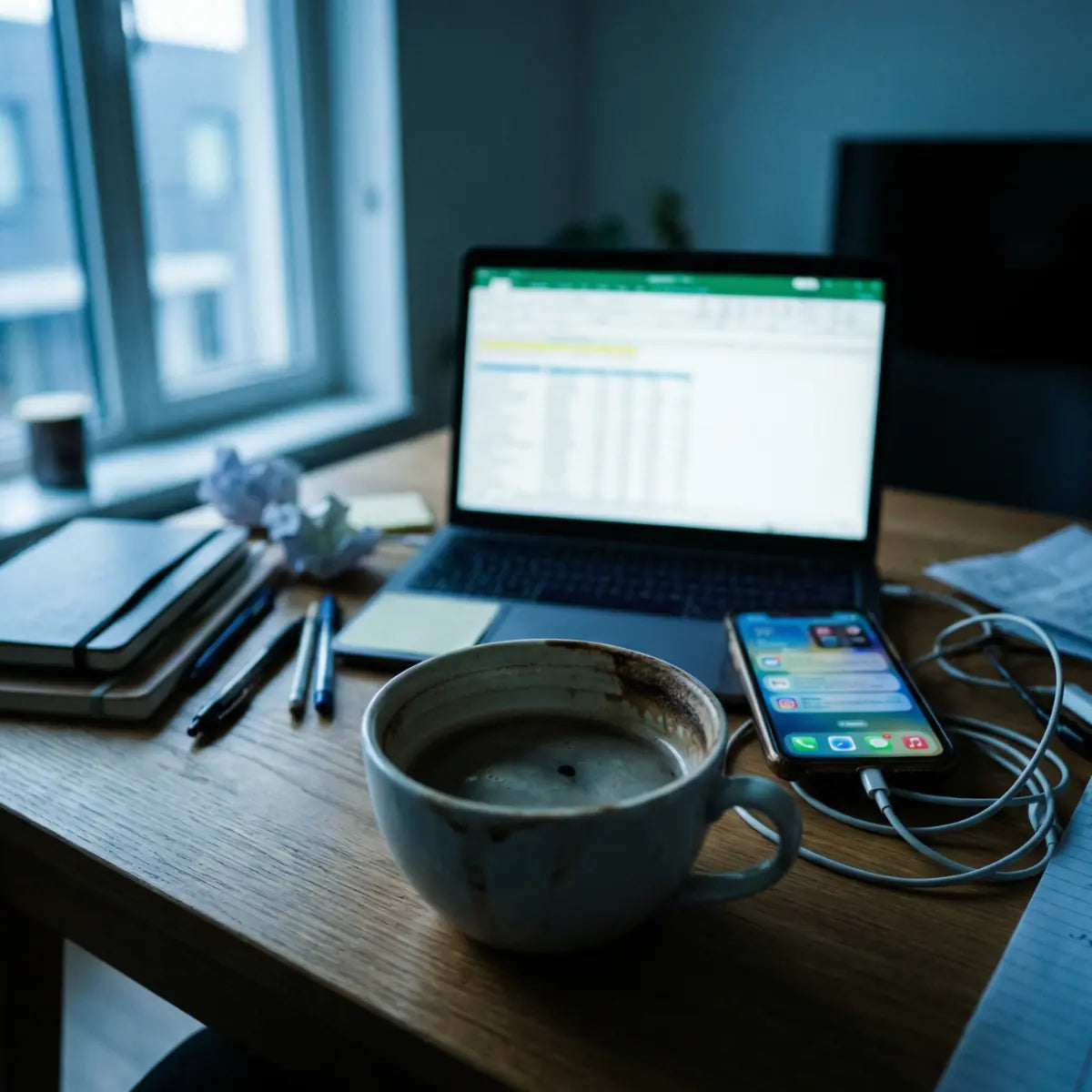 Unordentlicher Schreibtisch mit Laptop und Kaffeetasse in kuehlem Blaulicht als Symbol für Alltagsstress und trockene Bueroluft vor der Zirben-Wellness-Auszeit.
