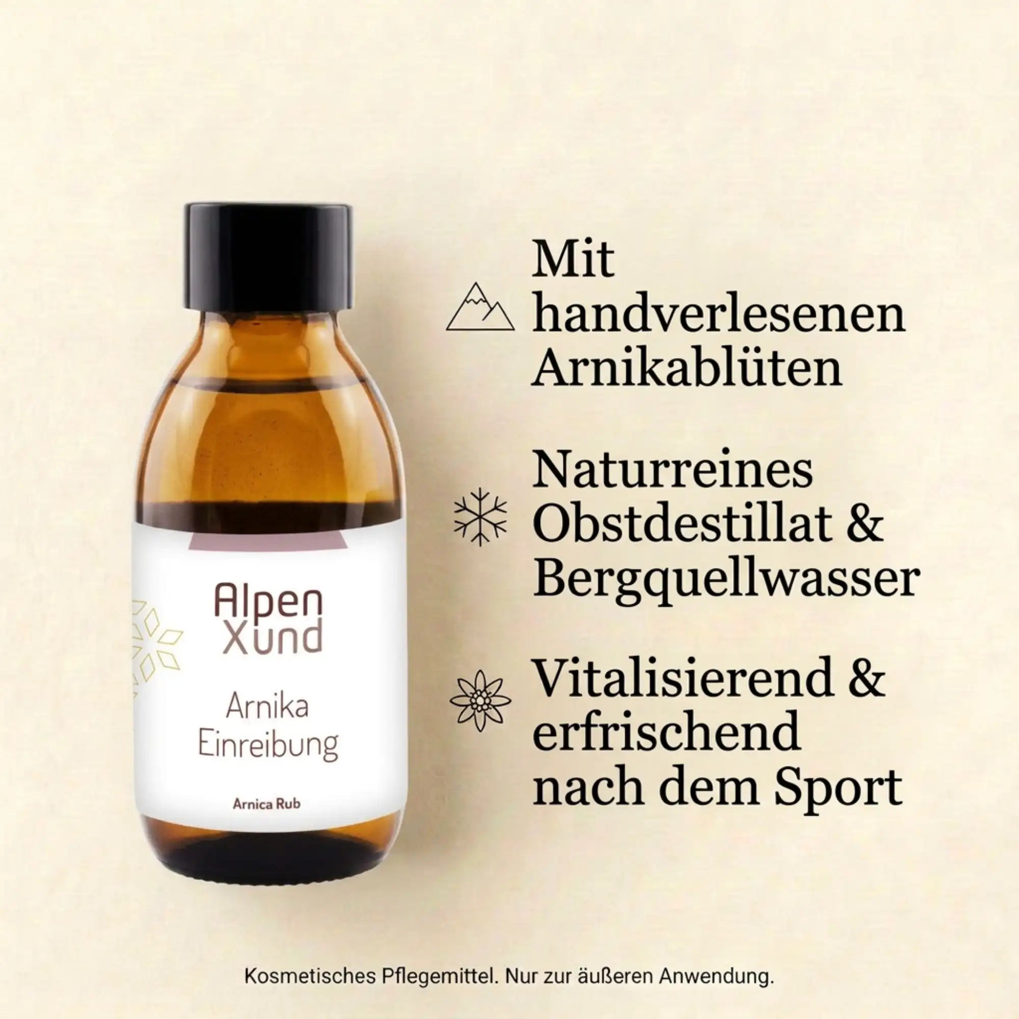 Arnika Einreibung Setkarte mit Vorteilen Arnikablueten Obstdestillat und Erfrischung nach Sport.