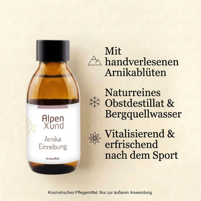 Arnika Einreibung Setkarte mit Vorteilen Arnikablueten Obstdestillat und Erfrischung nach Sport.