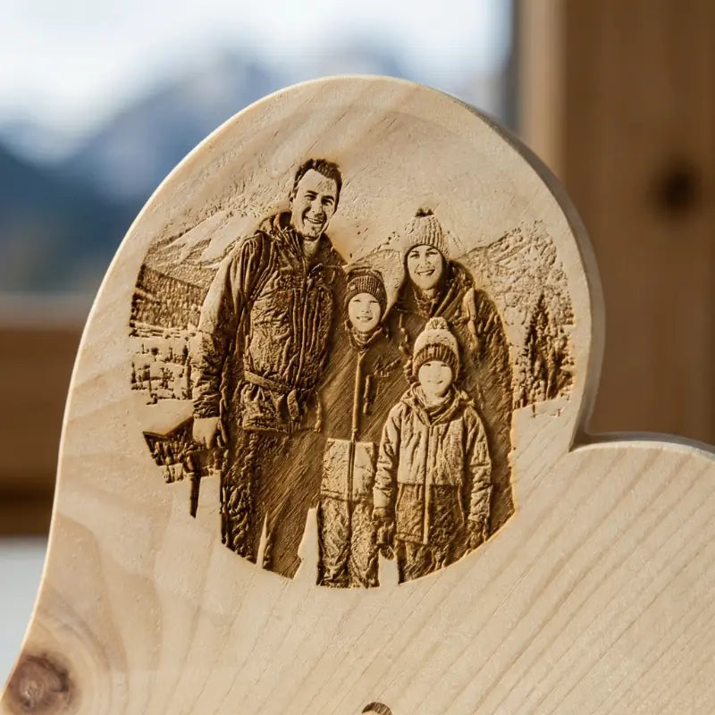 Detailaufnahme einer Fotogravur auf echtem Zirbenholz: Naturbelassene Holzstruktur mit praeziser Laserung eines Portraets, gefertigt im Geschenkereich Kreativstudio Kitzbühel.