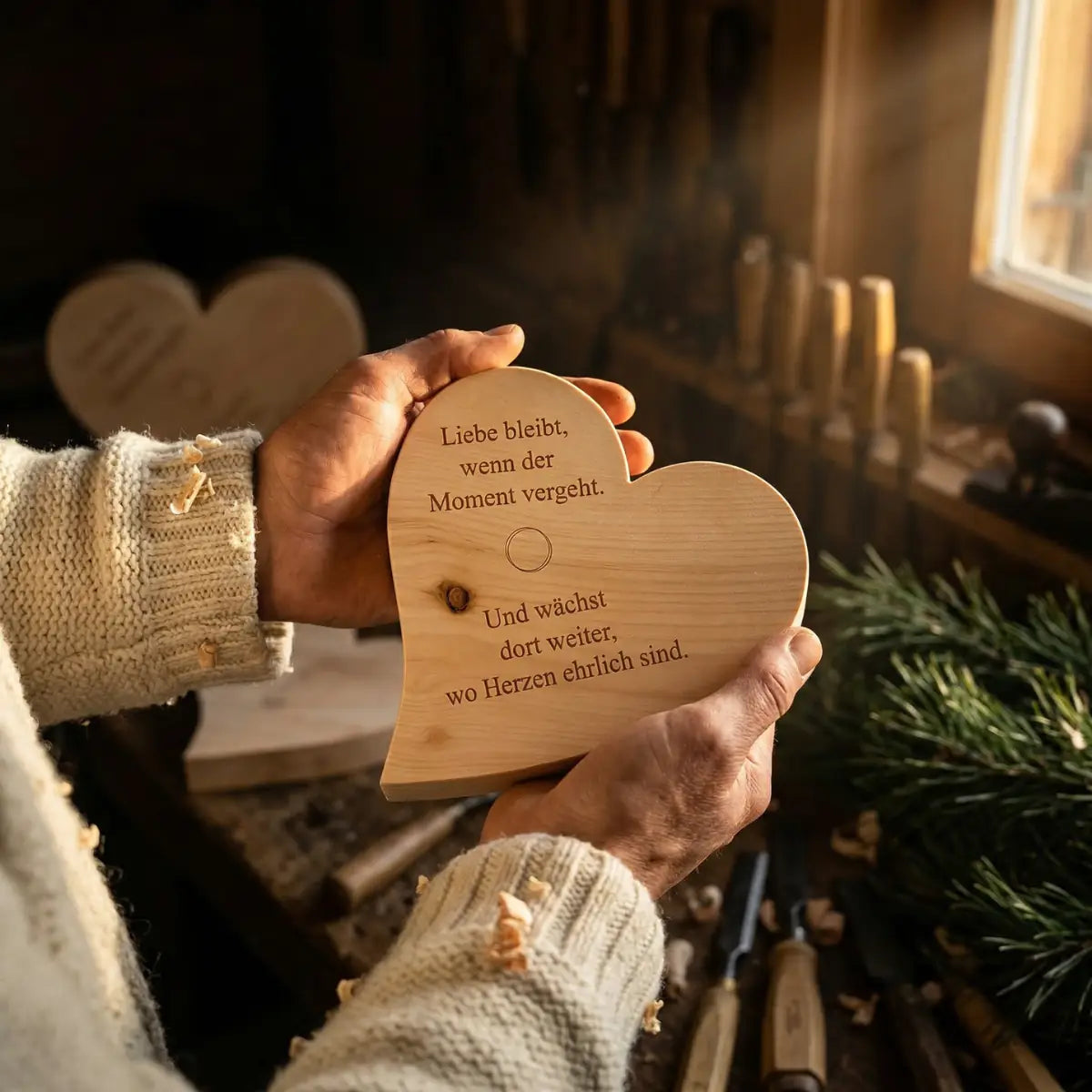 Das original gravierte Zirbenherz wird behutsam in den Händen gehalten. Echtes Kitzbueheler Handwerk von GeschenkeReich.