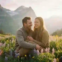 Ein lachendes Paar umschlungen auf einer bunten Blumenwiese im Abendlicht in den Alpen als rundes Kategoriebild für das gesamte Sortiment an Fotogeschenken und Zirbenprodukten.